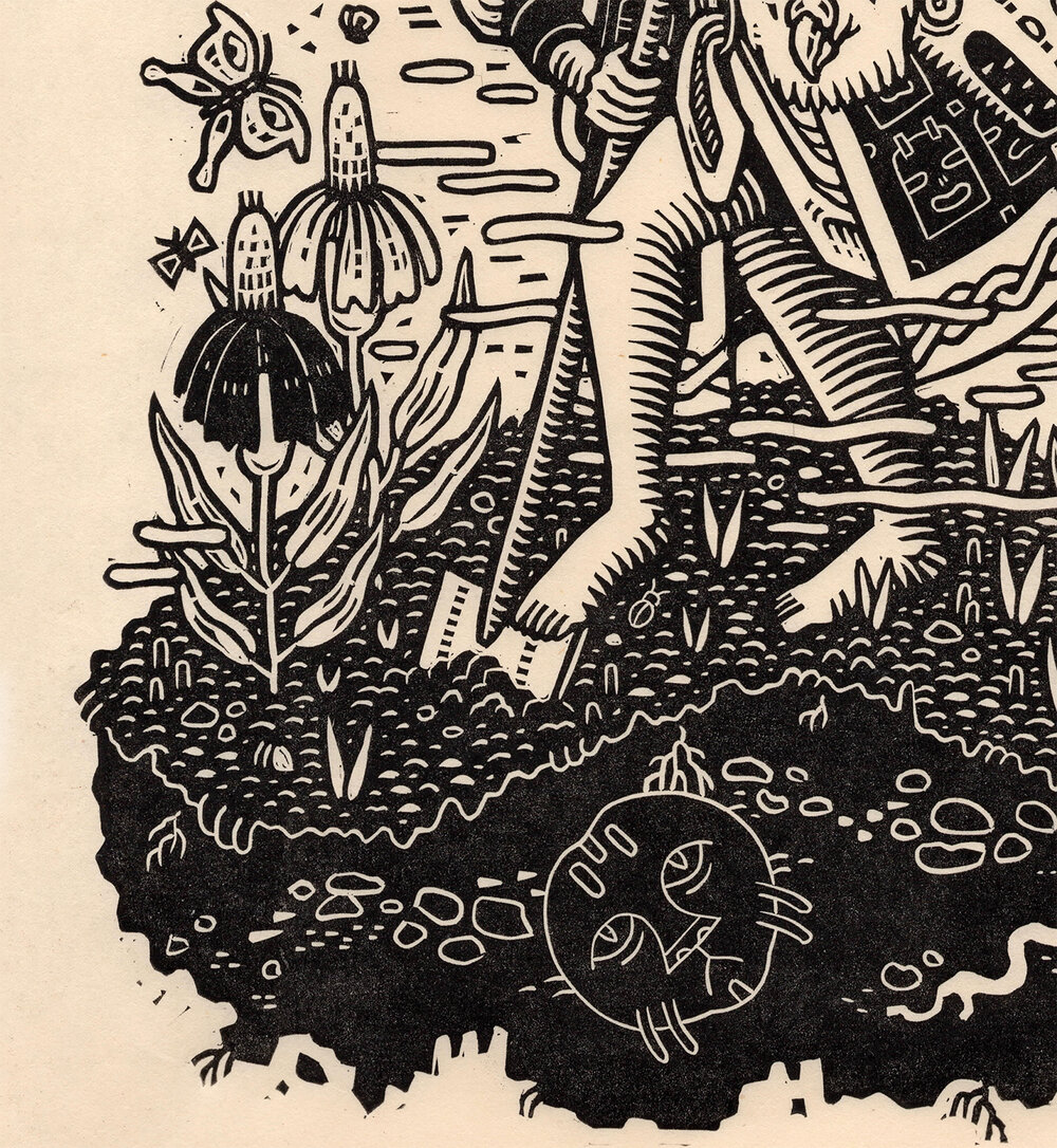 Small garden, linocut on paper — Kathleen Neeley