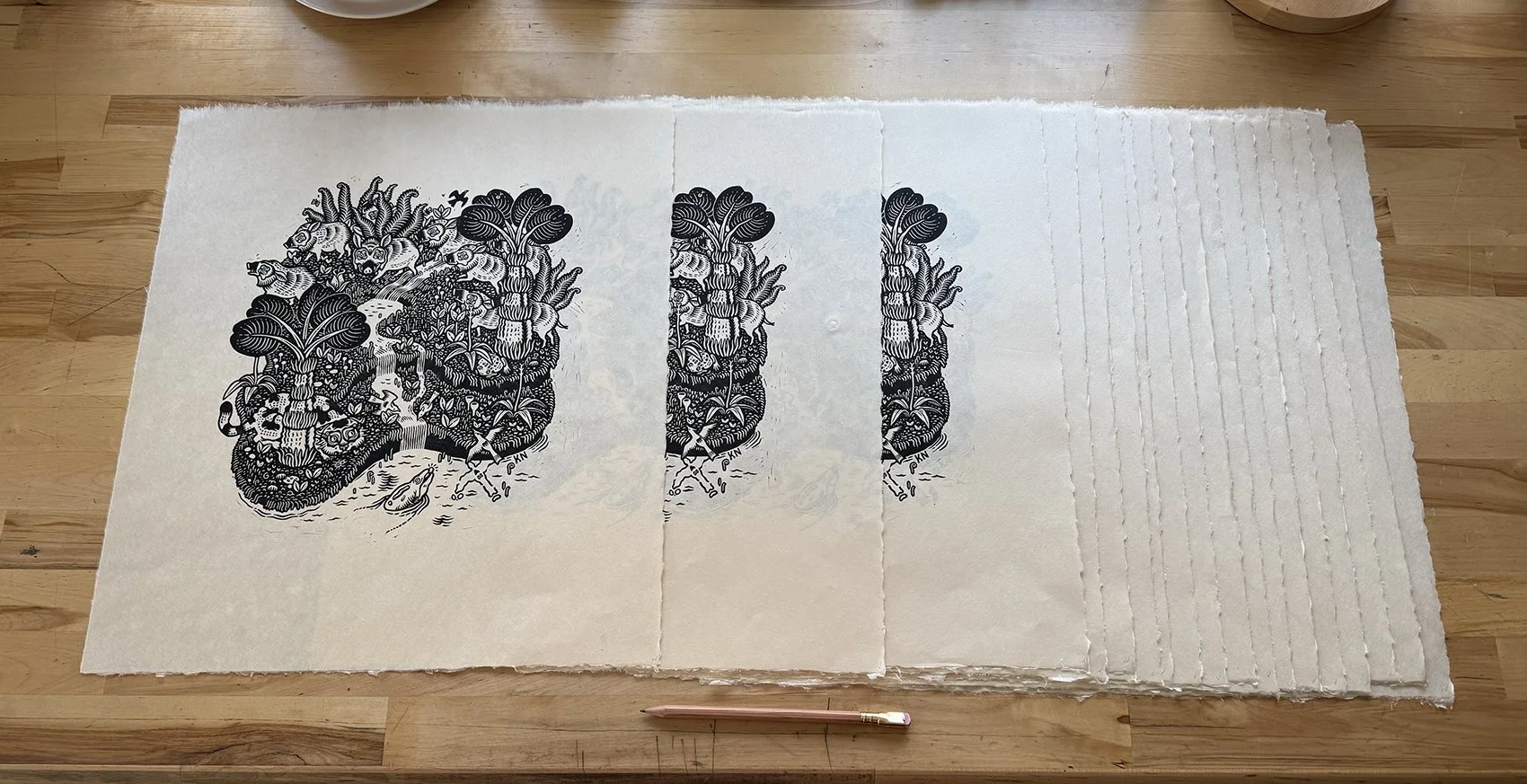 Three falls (key proof), linocut on paper — Kathleen Neeley