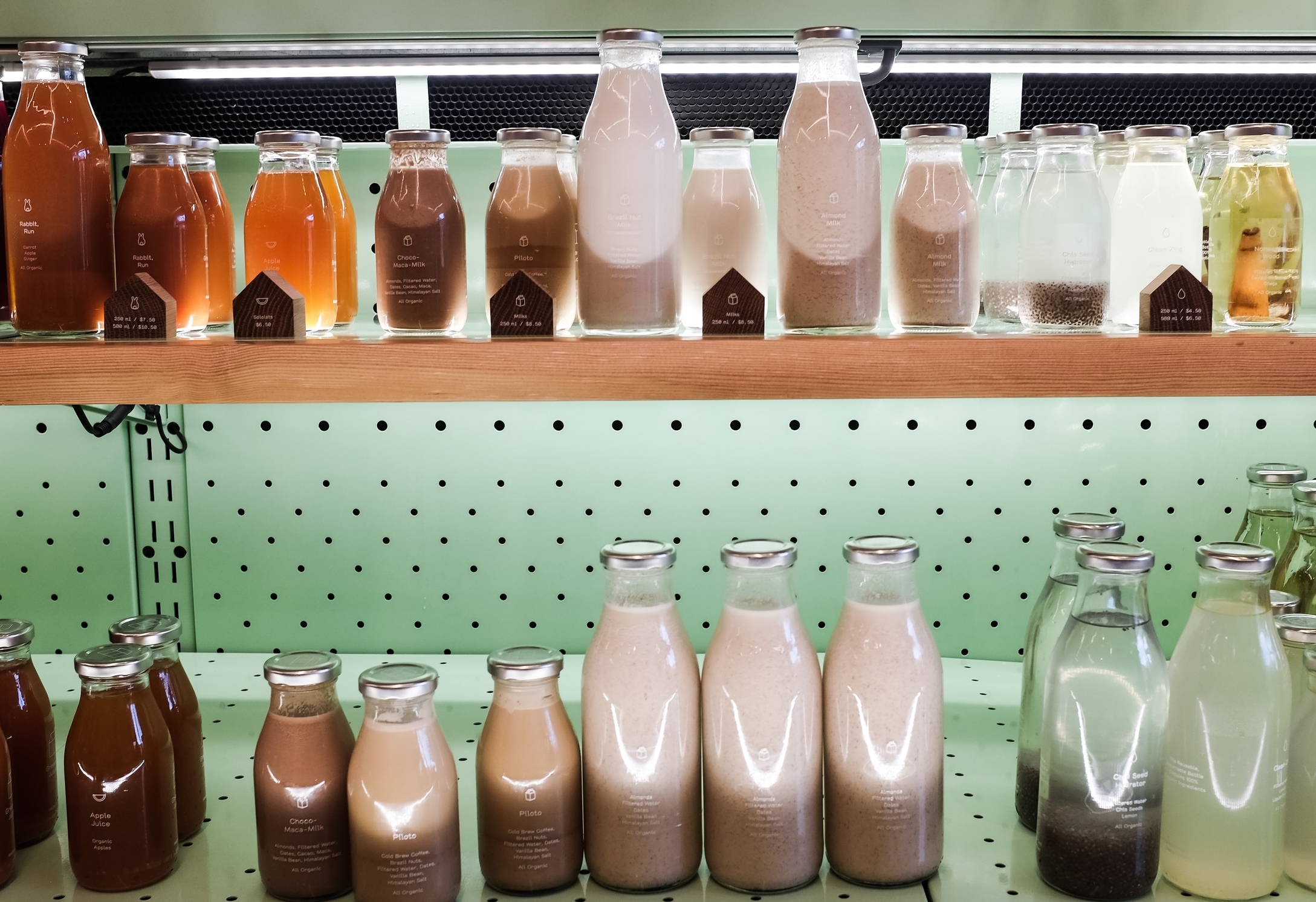 The assortment of delicious juices available.