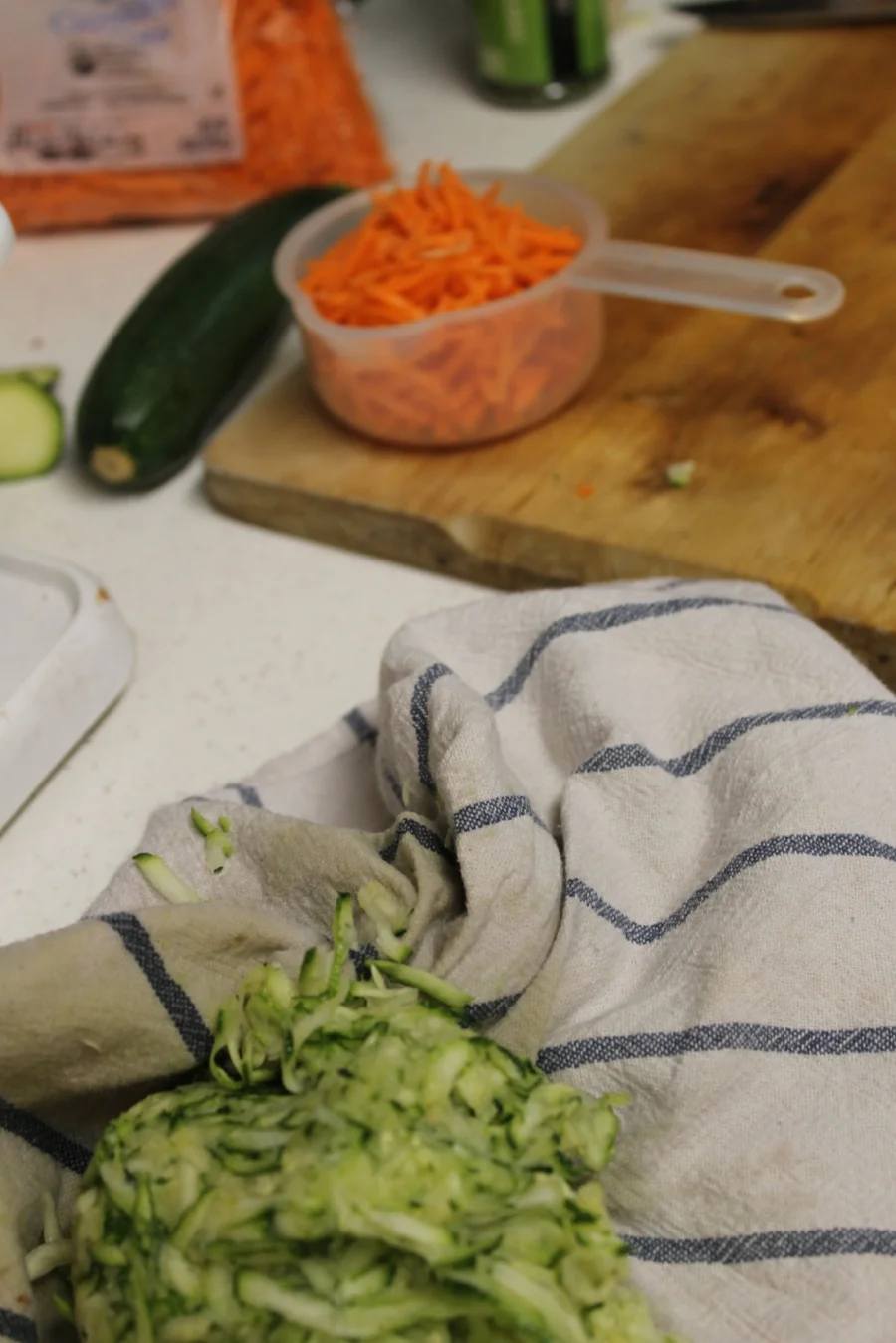The zucchini looked like a smashed green ball after I squeezed the liquid out. It is alright that it looks like this, you are going to mix it with the turkey shortly anyways. Getting the liquid out is the important part.