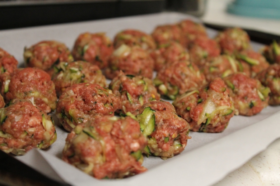 I love using zucchini in place of bread crumbs for meatballs. Even after squeezing out probably half a cup of water out of the zucchini, my meatballs were still very tender and moist. Sneaking in extra vegetables is always a great idea and just adds an extra layer of flavor to the meatballs.