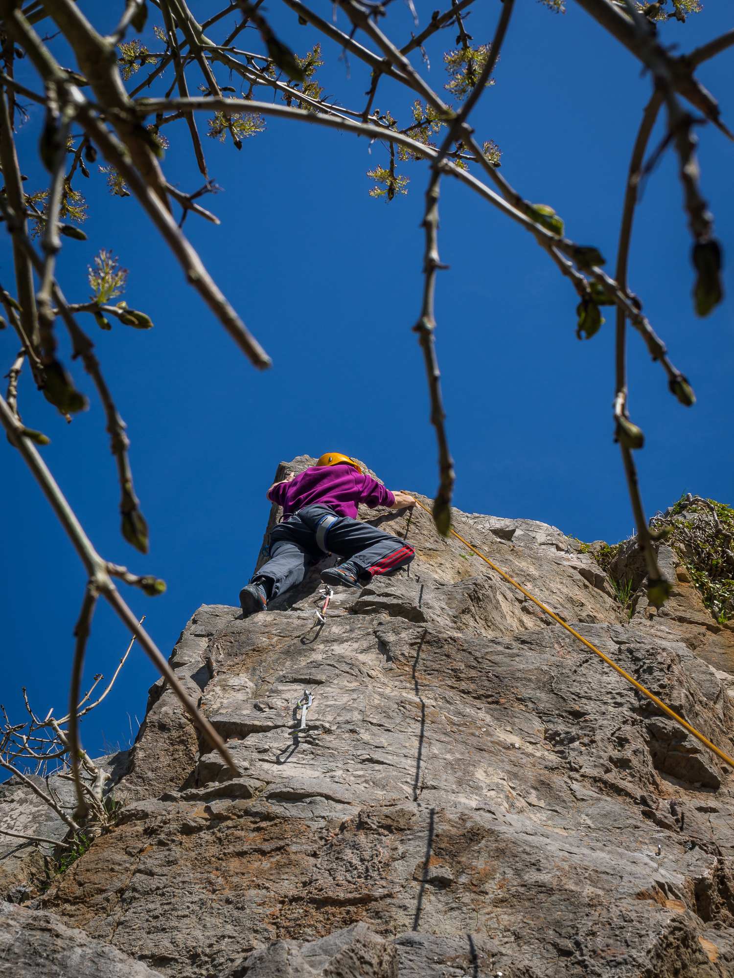  Sam almost at the top on the first section of limestone climbing at the quarry. 