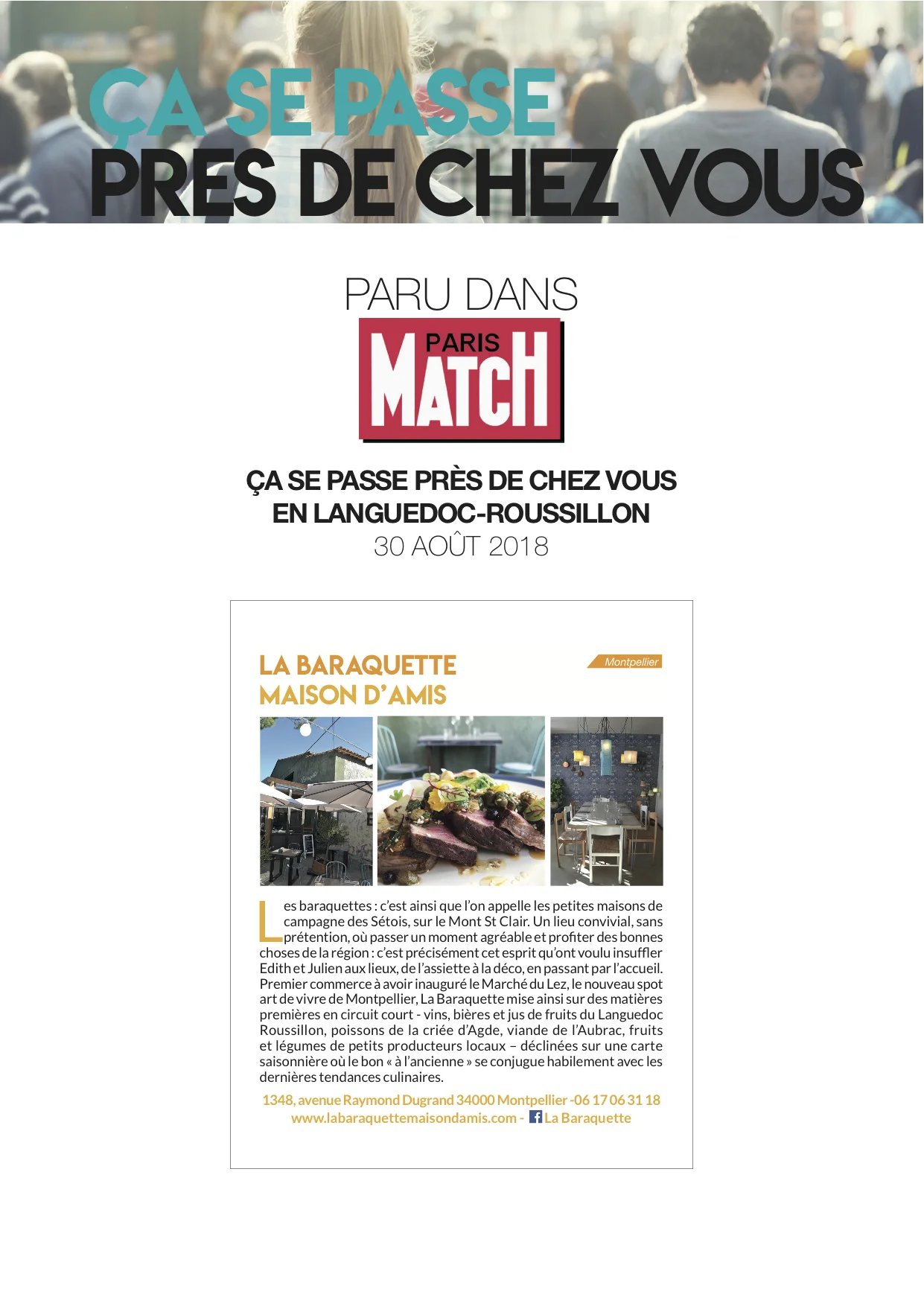 La Baraquette est dans le carnet Languedoc Roussillon du Paris Match du mois de Septembre. Joie