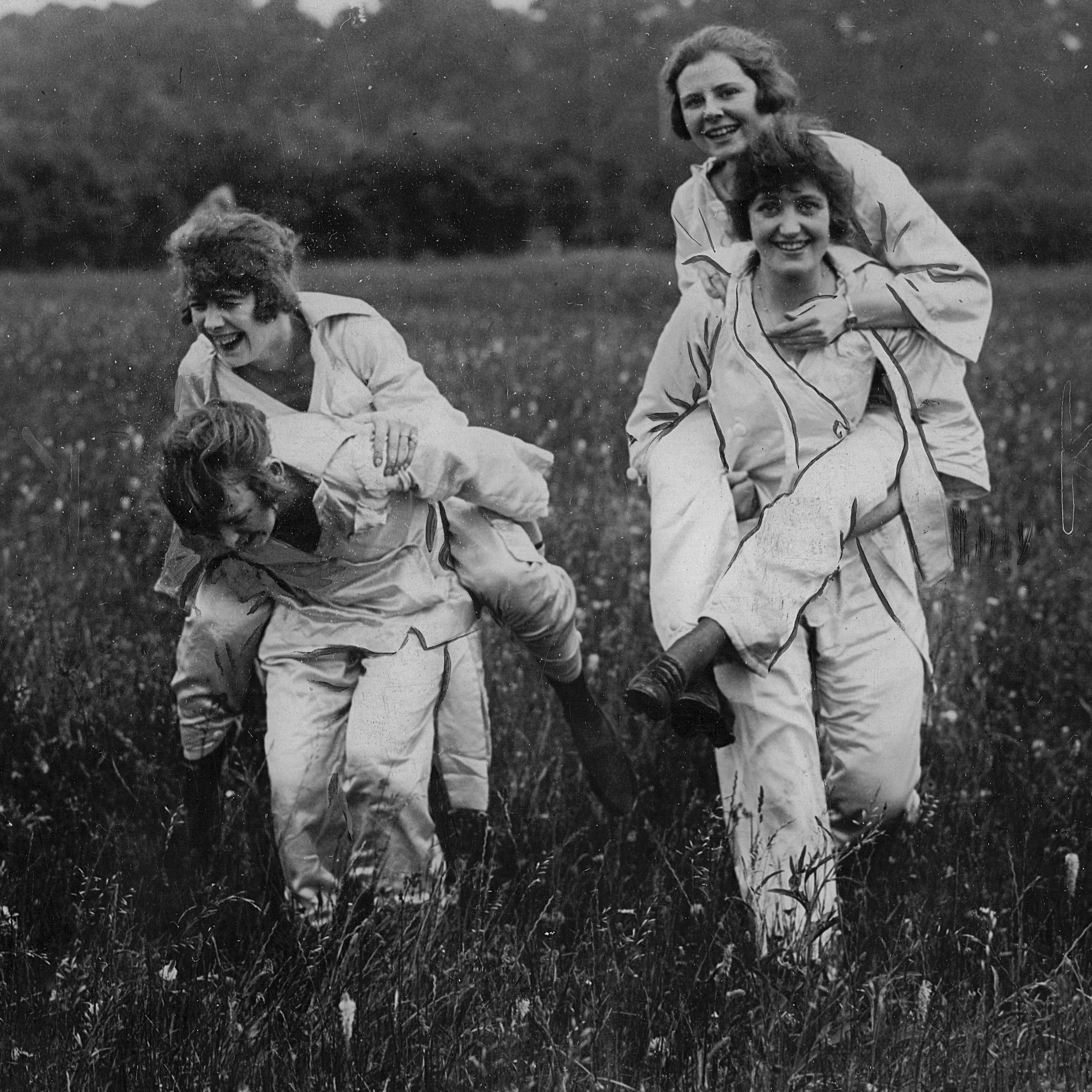 Pyjama clad houseboat campers enjoying an early morning frolic.