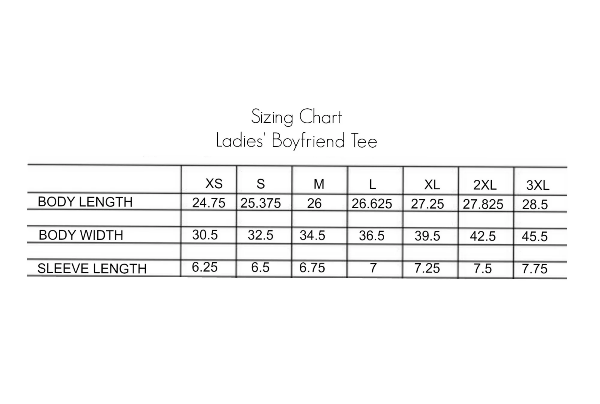 Sizing Chart (Ladies' Boyfriend Tee)