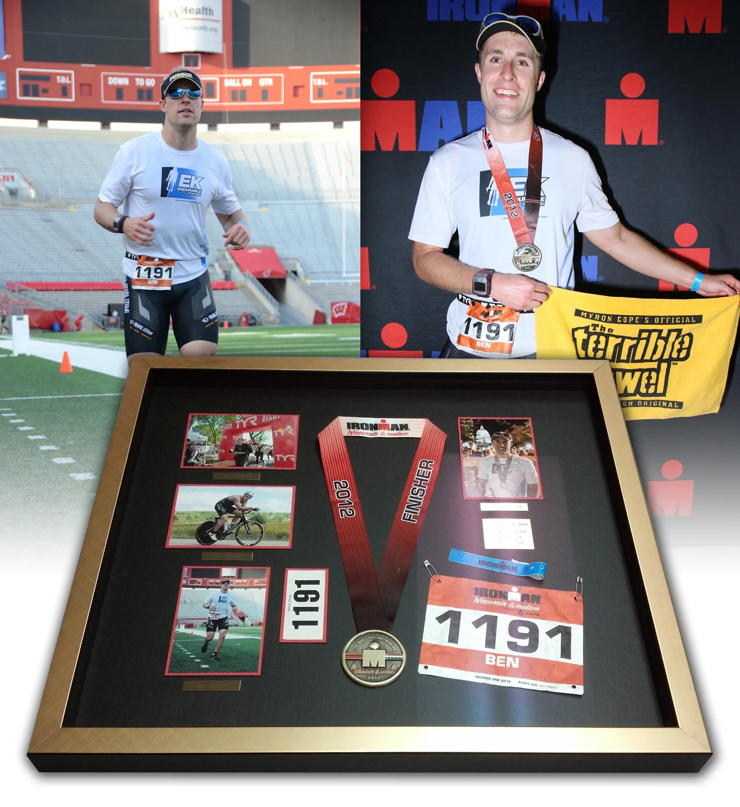 Ironman memories displayed in a shadowbox