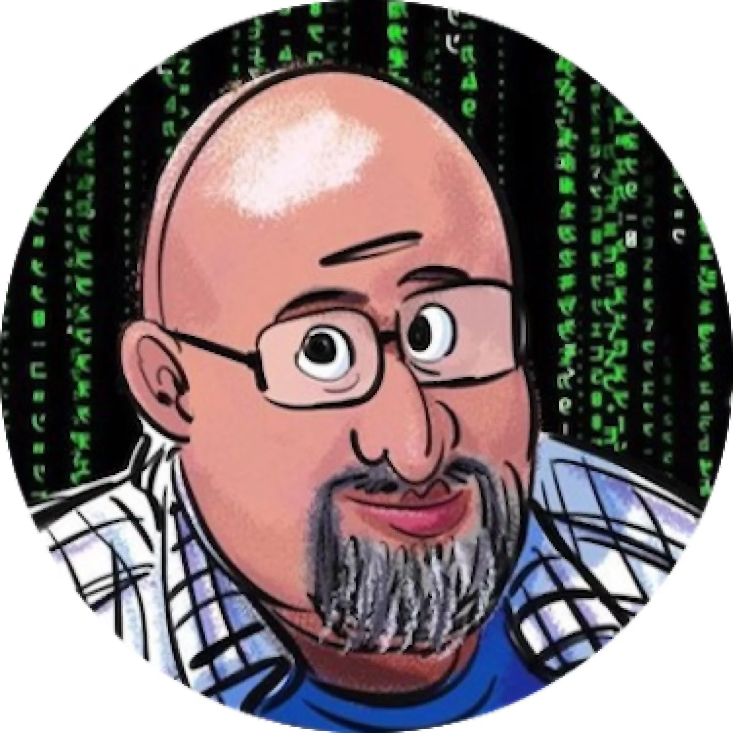 Cartoon portrait of a middle-aged man with glasses, a goatee, and a bald head, set against a background of green falling code.