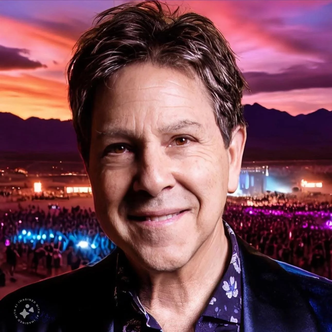 A smiling man with dark brown hair in front of a colorful sunset and a crowd at an outdoor event.