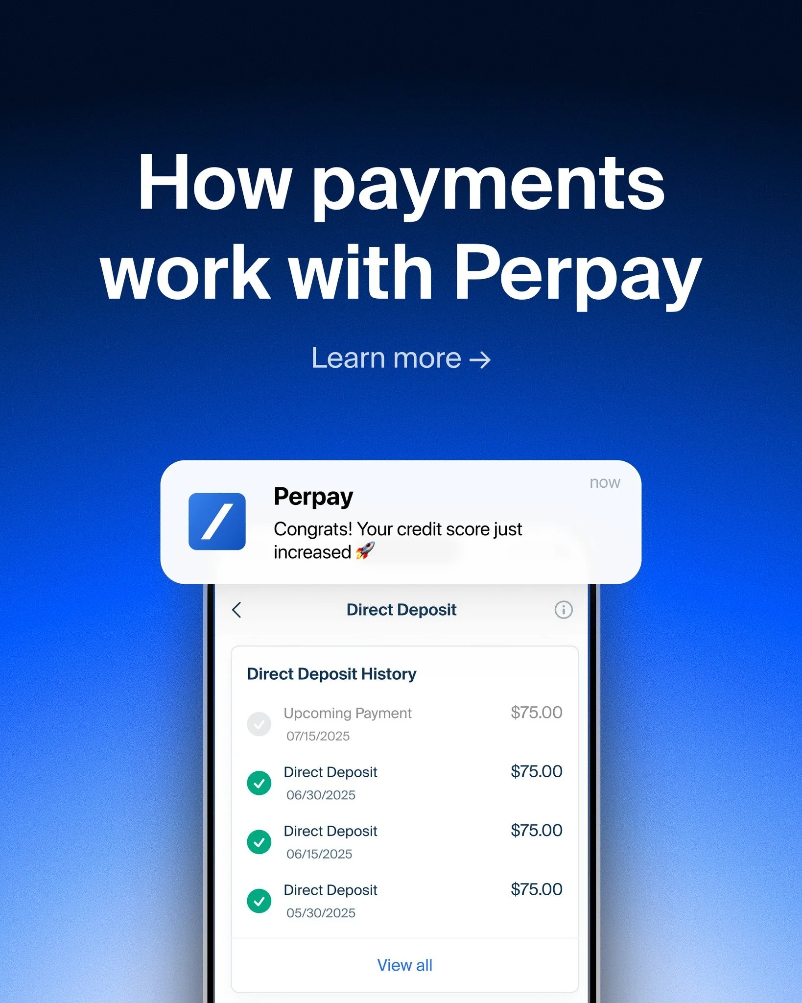 With the Perpay Marketplace, you don't need to juggle due dates or late fees. 

We designed our payment process to be simple and seamless, so you can get what you need without adding another thing to your to-do list. It&rsquo;s all about making your 