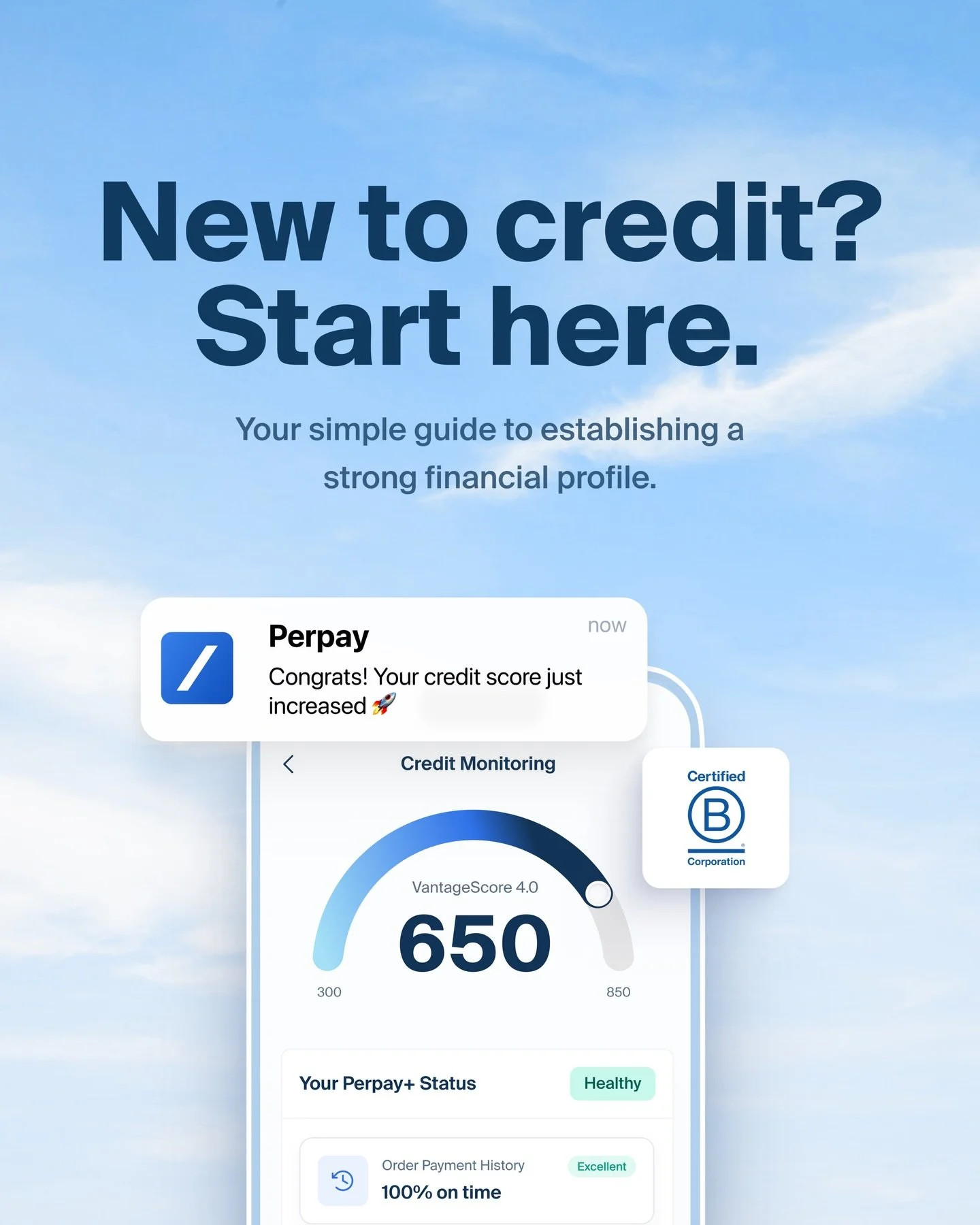Building credit doesn&rsquo;t have to be complicated. Strengthen your financial profile with Perpay+.

How it helps - by reporting a limit of up to $1,000 to all three bureaus, you can impact multiple factors at once:

Utilization: Increases your tot