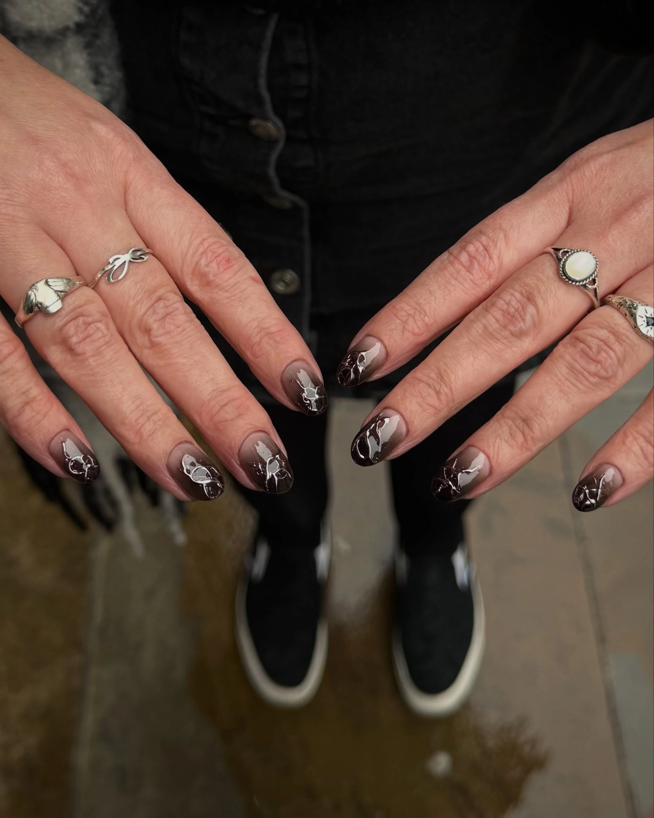 A gothic cyber set for our 🖤 Karen. 
By Ayana 
What to book? BIAB manicure + category 3 art ✨ 

#russianmanicurelondon #biablondon #nailartlondon #halloweennails #gothicnails