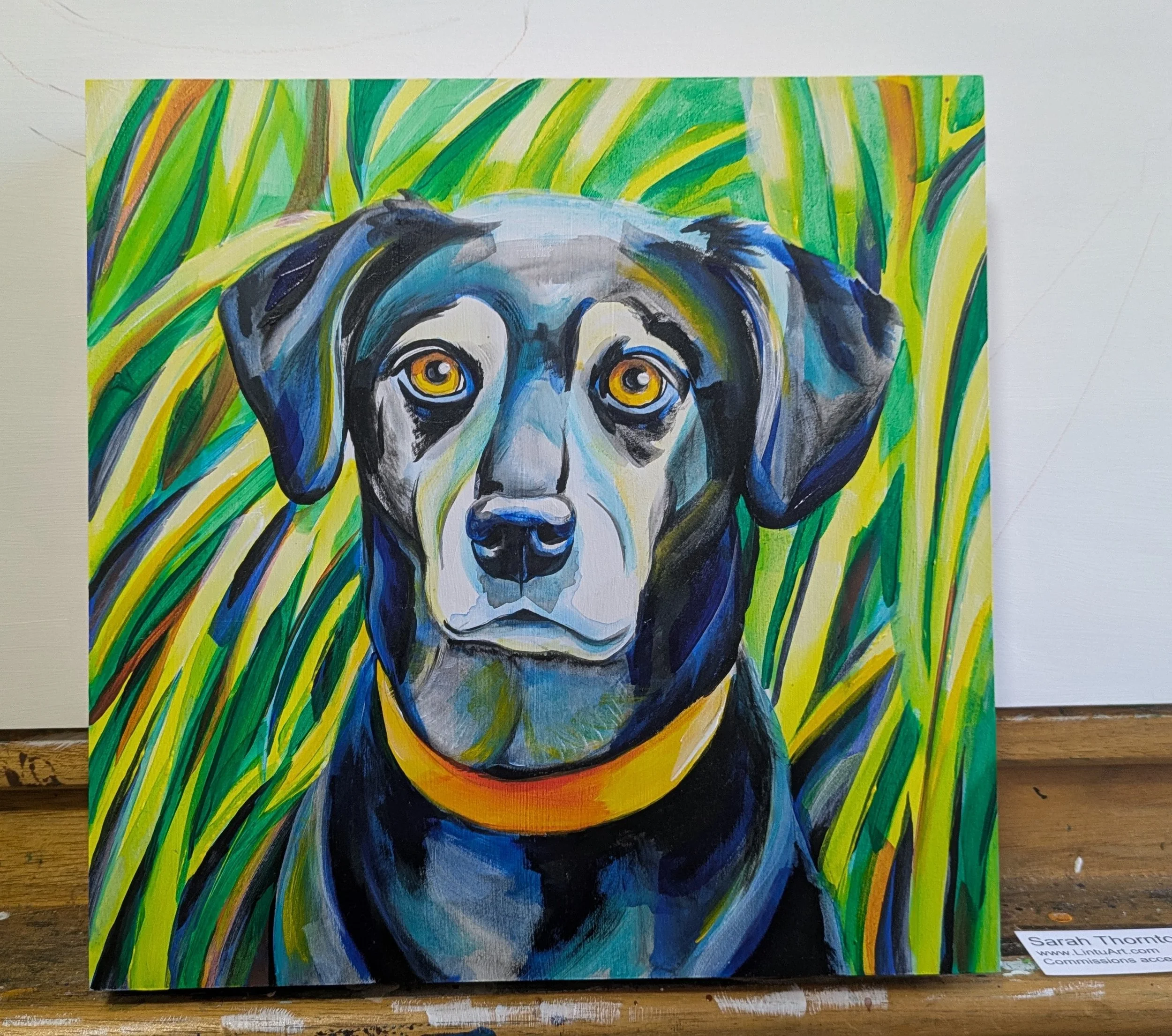 10x10 Oil painting Black Dog in High Grass