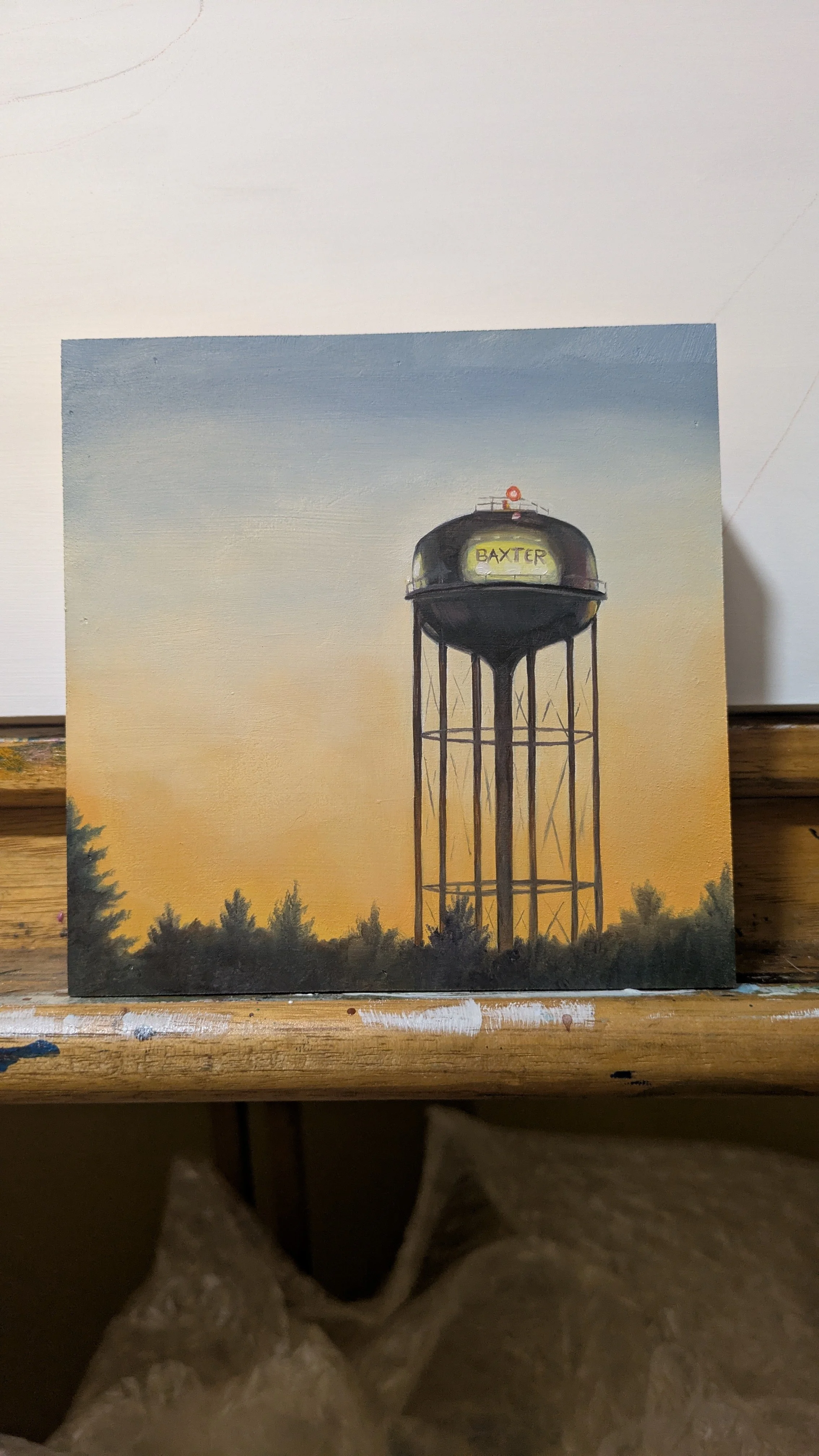 6x6" oil painting of the Baxter, MN watertower