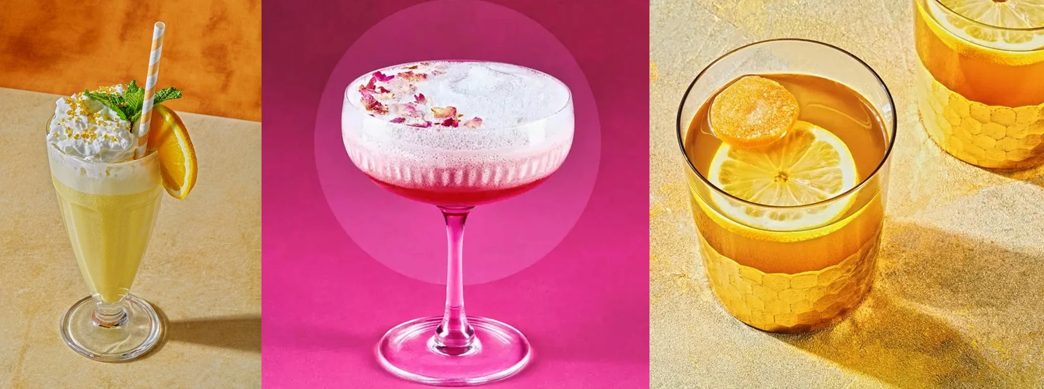 Beverage photography and prop styling examples featuring hard-shadow lighting, vibrant color-blocking, modern retro coupe glassware, and detailed drink garnishes.
