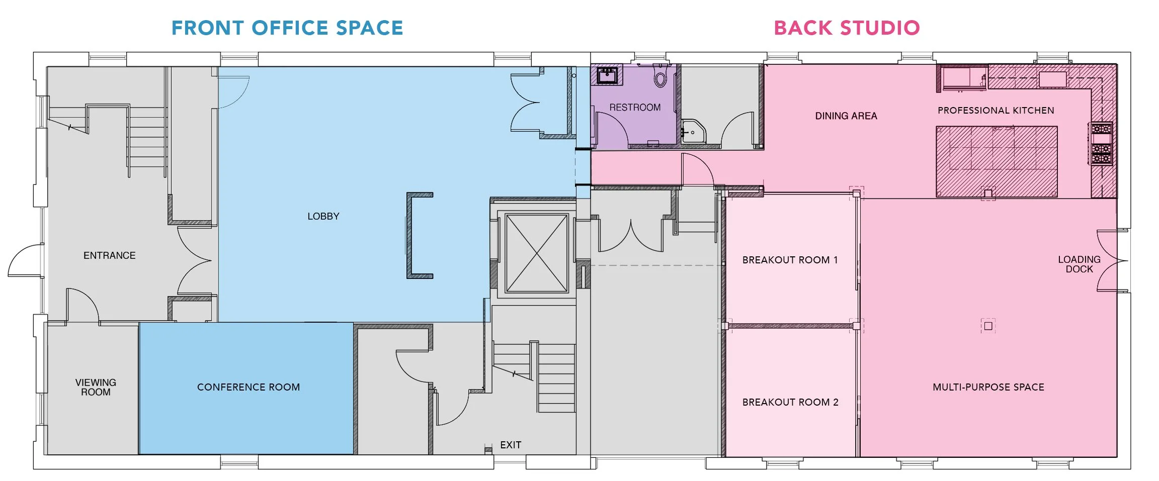 Professional Office Space Rental: Lobby, Conference Room, Kitchen, Breakout Rooms, Private Restrooms, and loading dock.