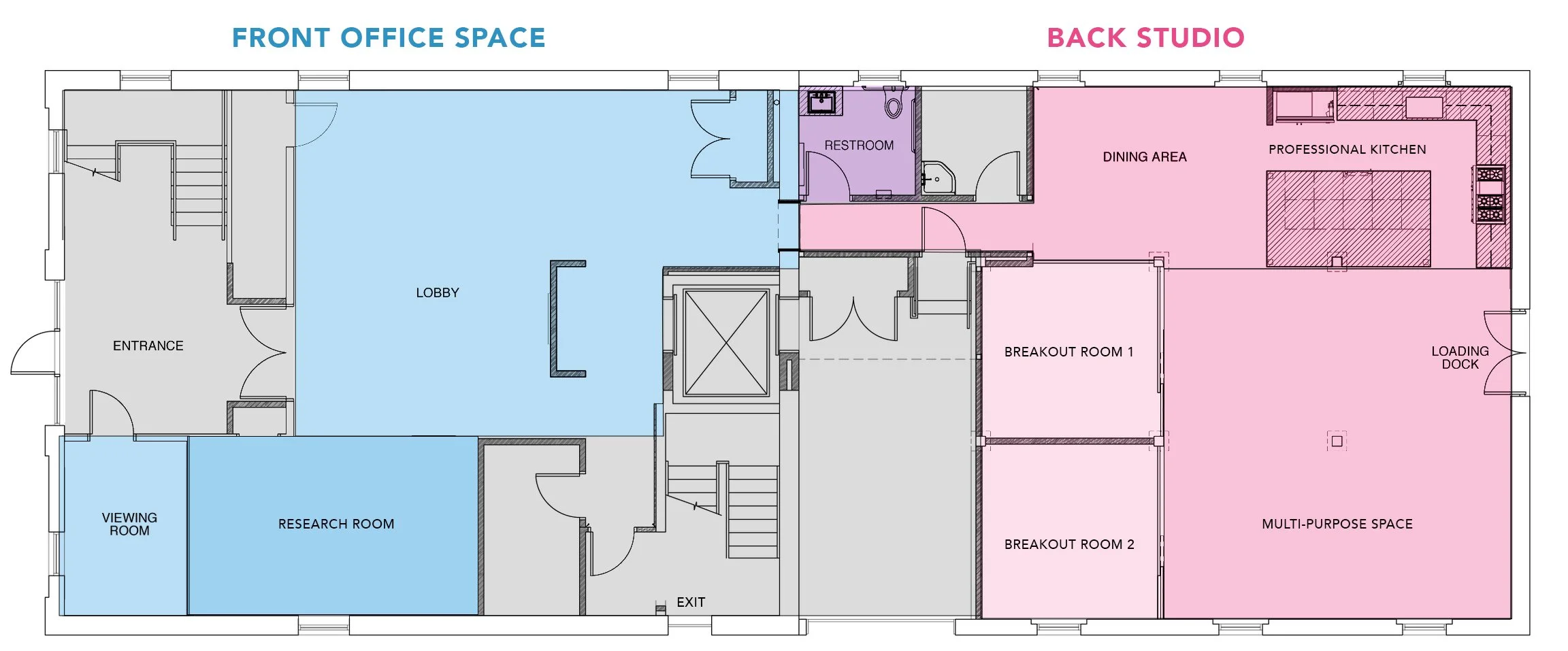 Market Research office and studio space rental: Lobby, Research Room, Viewing Room, Kitchen, Photo Studio, Multi-Purpose Space, Breakout Rooms, Private Restrooms and loading dock.
