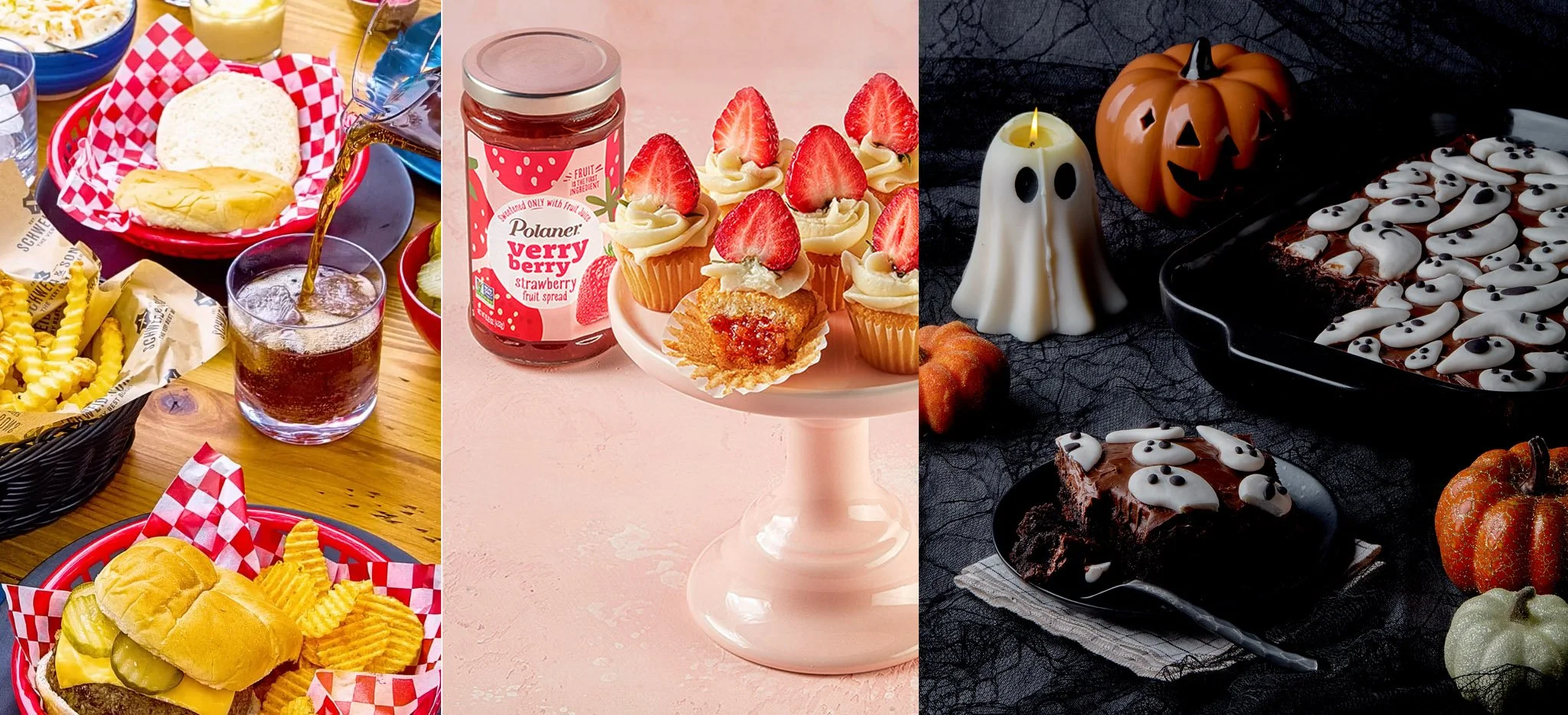 Food photography and prop styling examples displaying three narrative styles: a casual diner scene with hard lighting, a commercial product placement shoot on a pastel background, and a moody Halloween seasonal setup.
