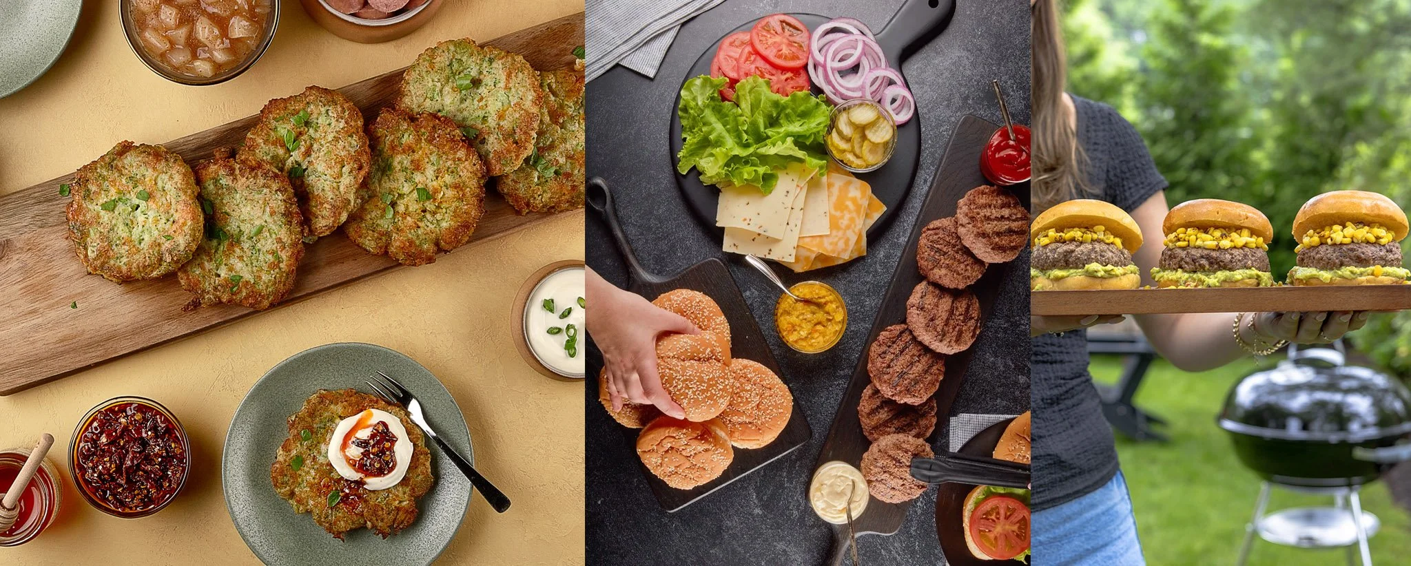 Food photography composition examples featuring an overhead flat-lay layout, a deconstructed ingredient-build narrative, and outdoor lifestyle food styling with a shallow depth of field.