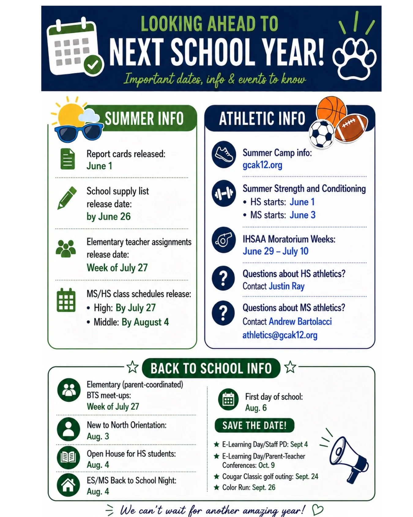 We know...posting back-to-school info on the first day of break feels wrong, but we wanted to share some important dates and make it easy to plan ahead!

Happy Summer, GCA Family! 😎