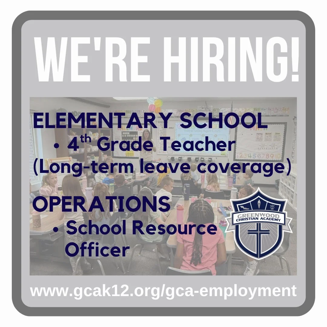 Is God calling you to consider a new opportunity? GCA is looking for a School Resource Officer, as well as an educator to cover a long-term leave in 4th grade during 12 weeks of the fall semester of the 2026-27 school year!

To apply for these positi