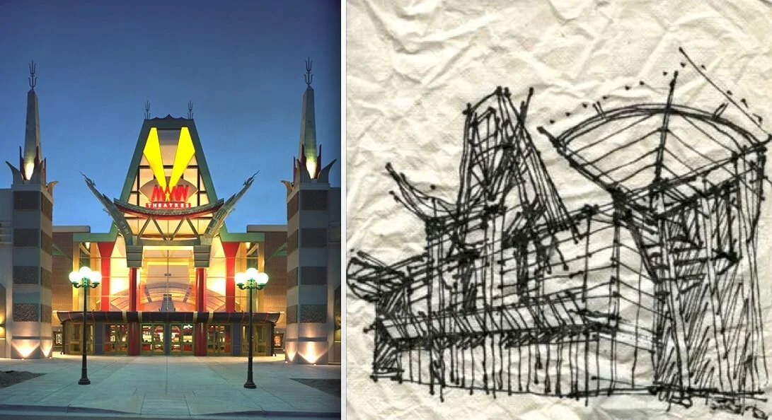 Another example of how an early napkin sketch became a real building... It is the Arapahoe Crossing Theater in Colorado. It was supposed to be the first in a string of multiplexes that took on the image of the world famous Graumman's Chinese theat