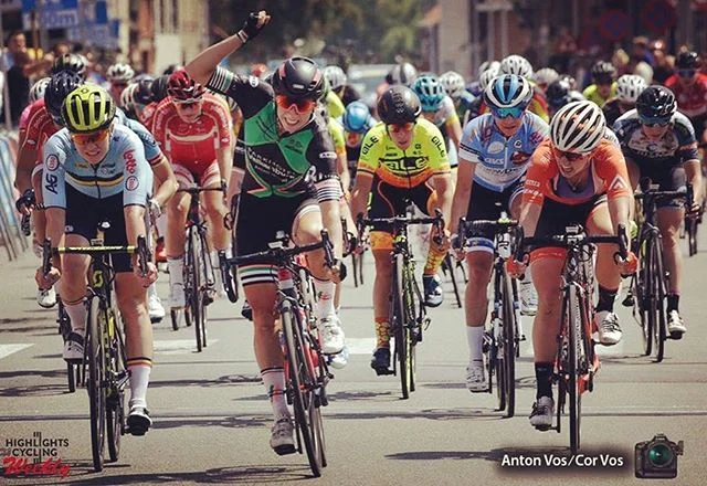 Way to ride Emma, 3rd in the sprint finish @BeNeLadiesTour! @emmawhite7 @rallycycling #BNLT18