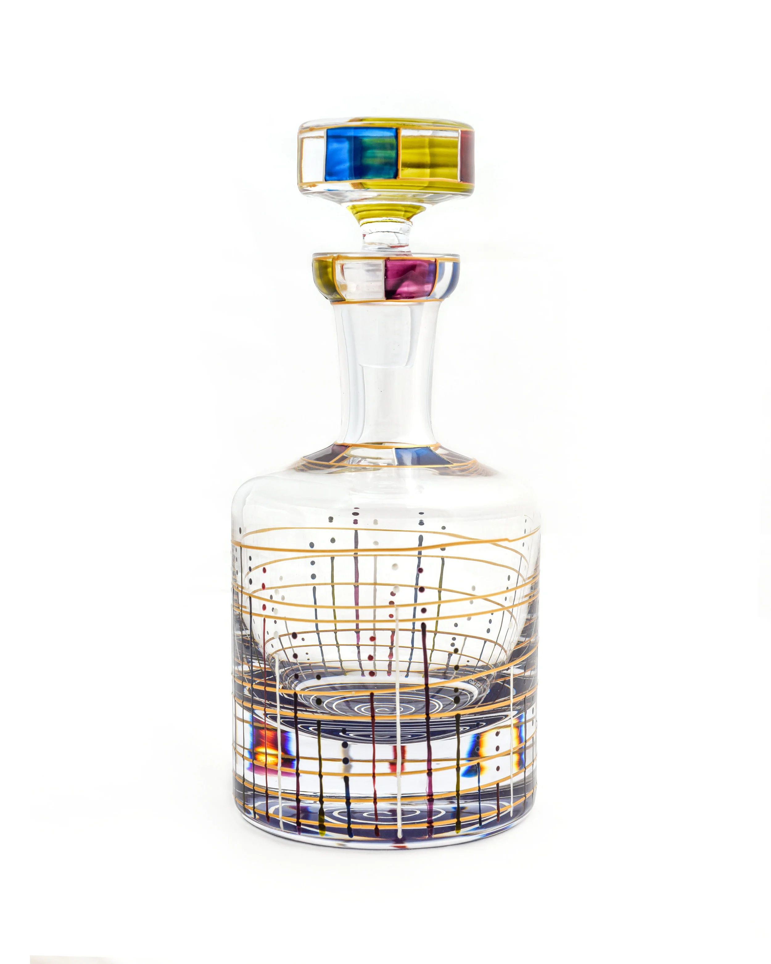#49 - COMO CRYSTAL DECANTER, 28 OZ. & 10.5"H (LINE DOT BLOCK ACCENT DESIGN)