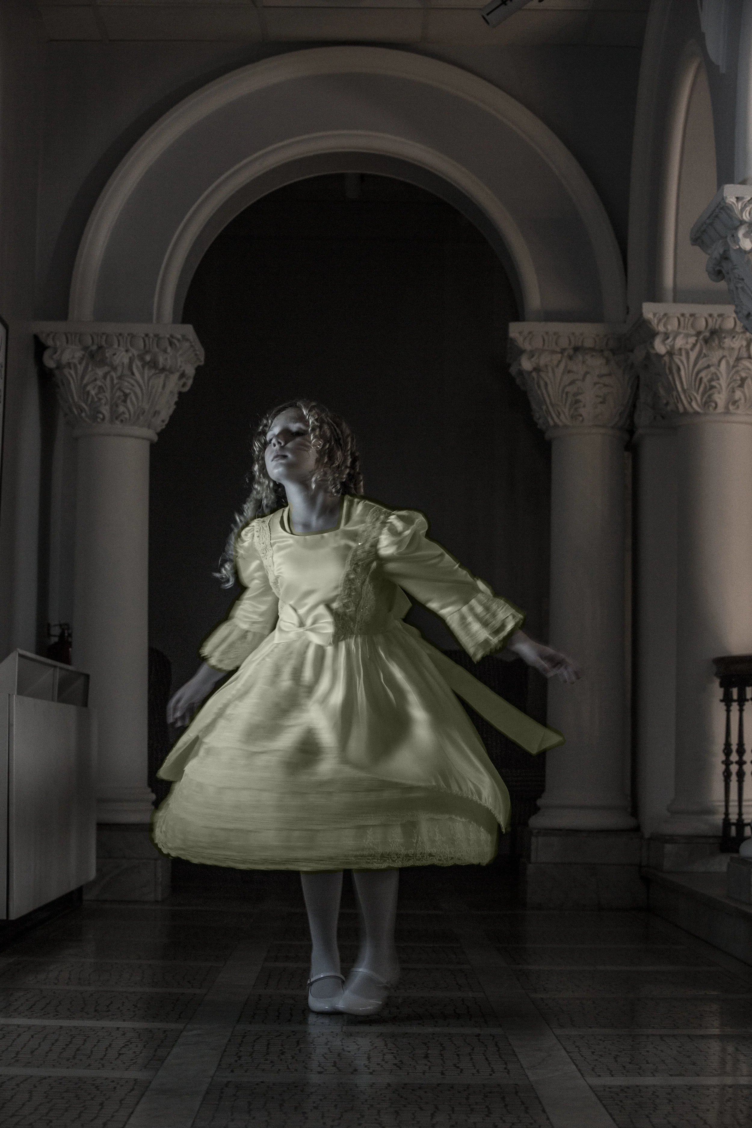 These images images where made to tell the story of a little girl that haunts on of the buildings on West Virginia University campus: “It is believed that an 8-year-old girl named Sally attended a party at Reynolds Hall, where the Mountainlair is now, at the turn of the 20th century and had a wonderful time dating around in her Victorian dress. Sadly, not long after this, she died in a typhoid outbreak. She was buried in a cemetery on the site of Stewart Hall. The graves are now in the East Oak Grove Cemetery. Over the years, facilities workers have reported seeing a blonde girl in a yellow dress dancing in the hallways of the Mountainlair and the second floor of Stewart Hall." 