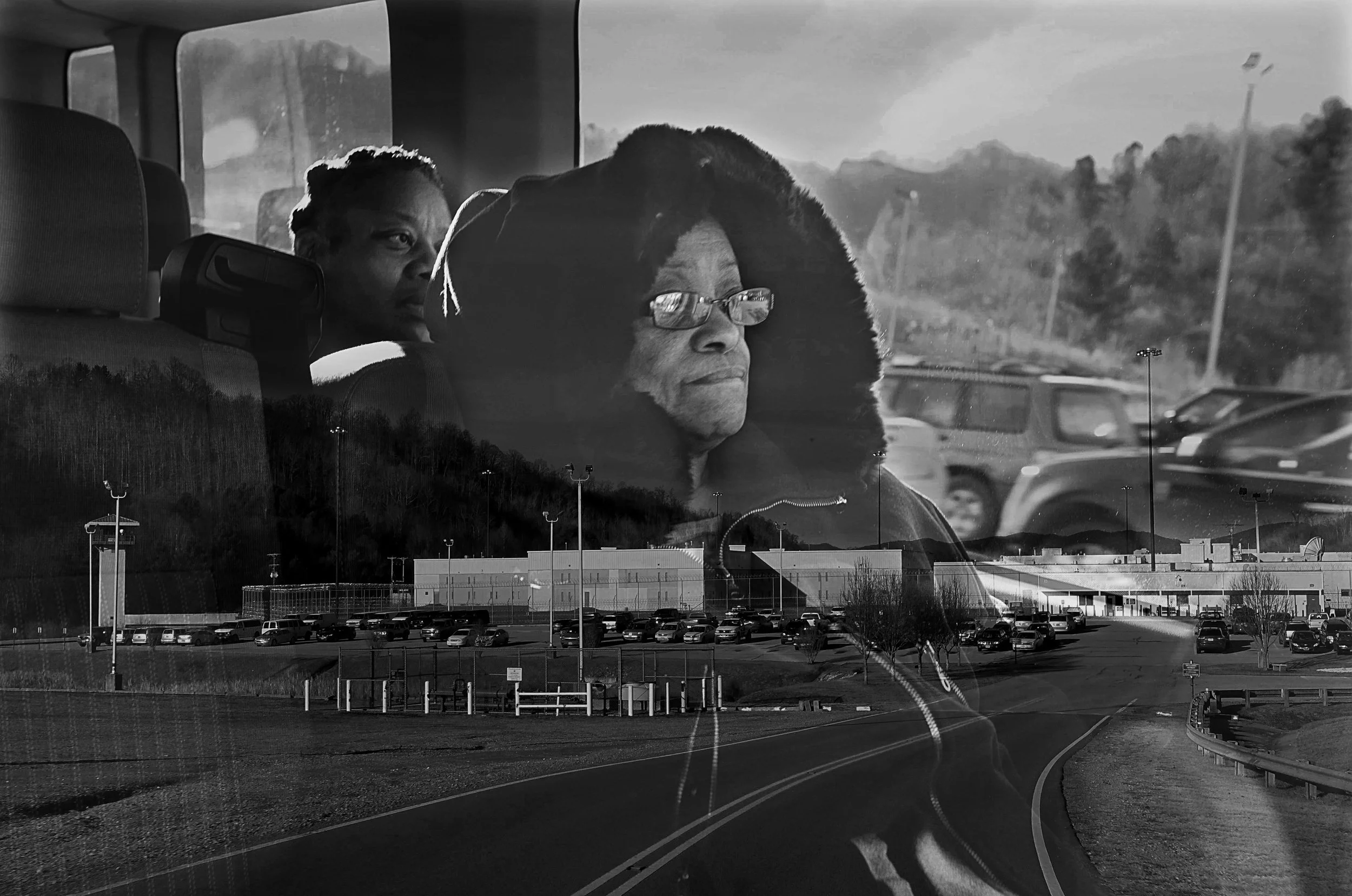 Louise Goode looks out the window as Red Onion State Prison comes into view.