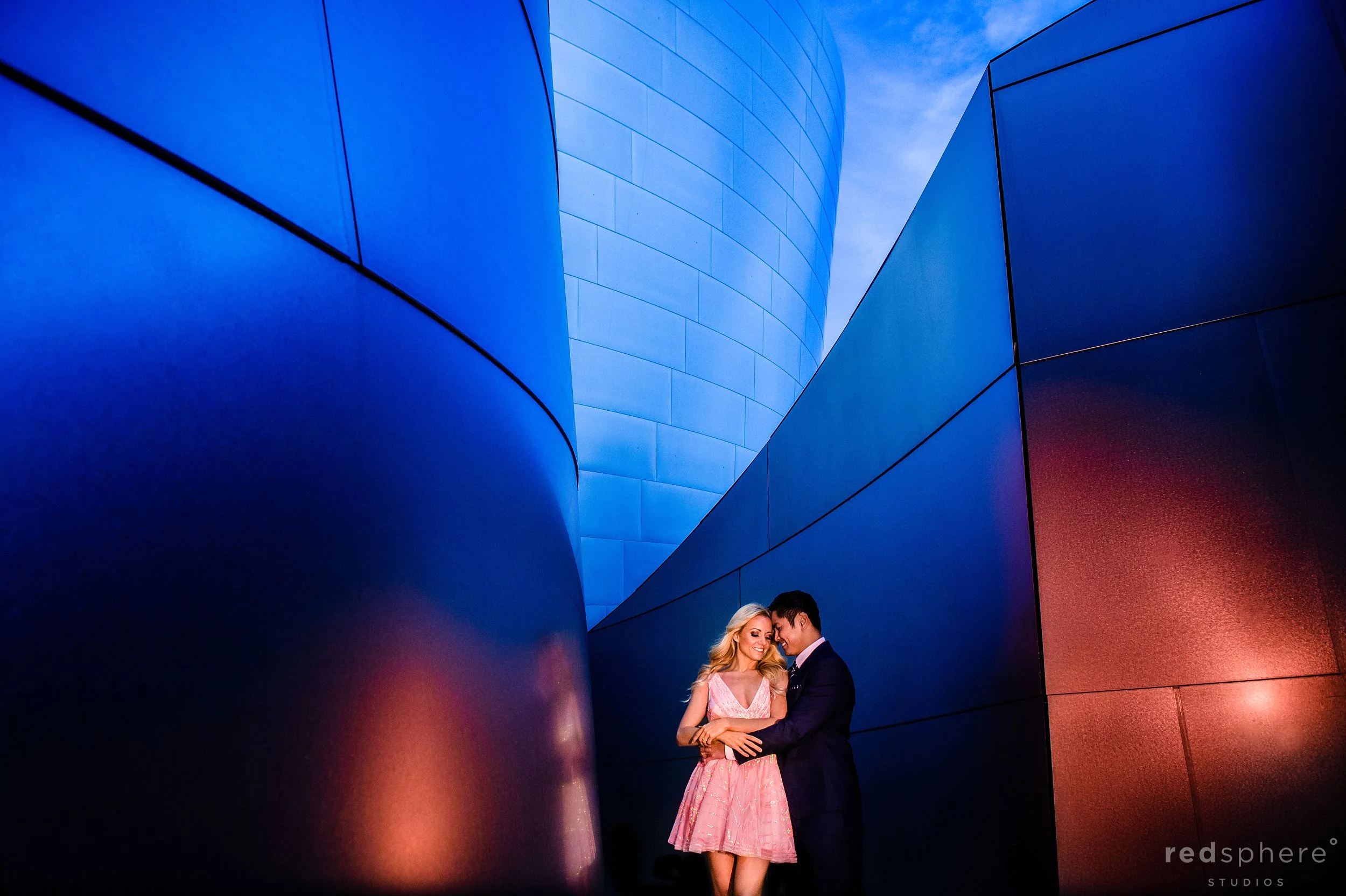 Walt Disney Concert Hall Los Angeles Engagement Session, Pink Dress, Suit