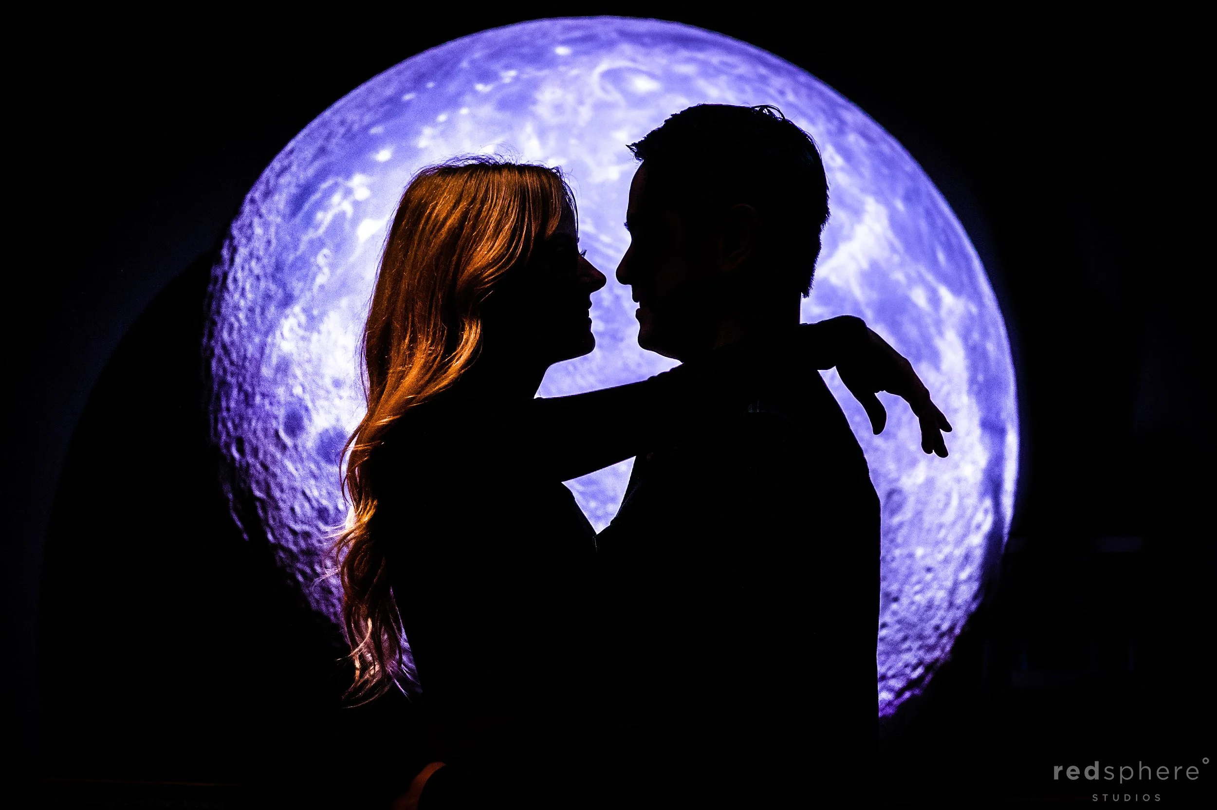 Silhouette of Couple Engagement at Griffith Observatory Los Angeles, Moon Background