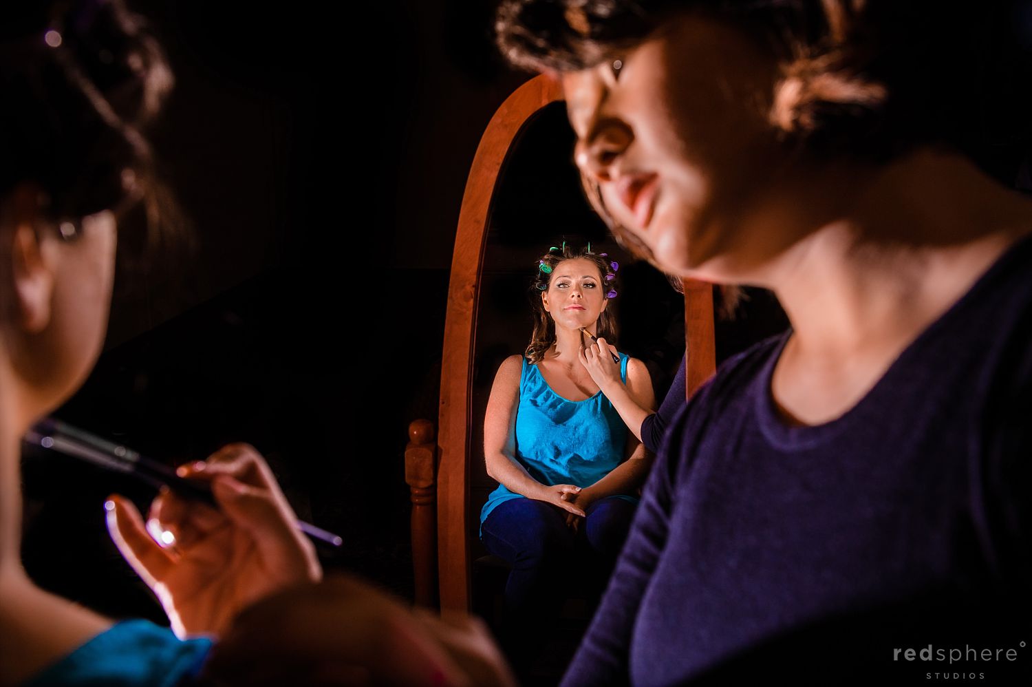 Bride Gets Makeup Foundation put on, Mirror Picture