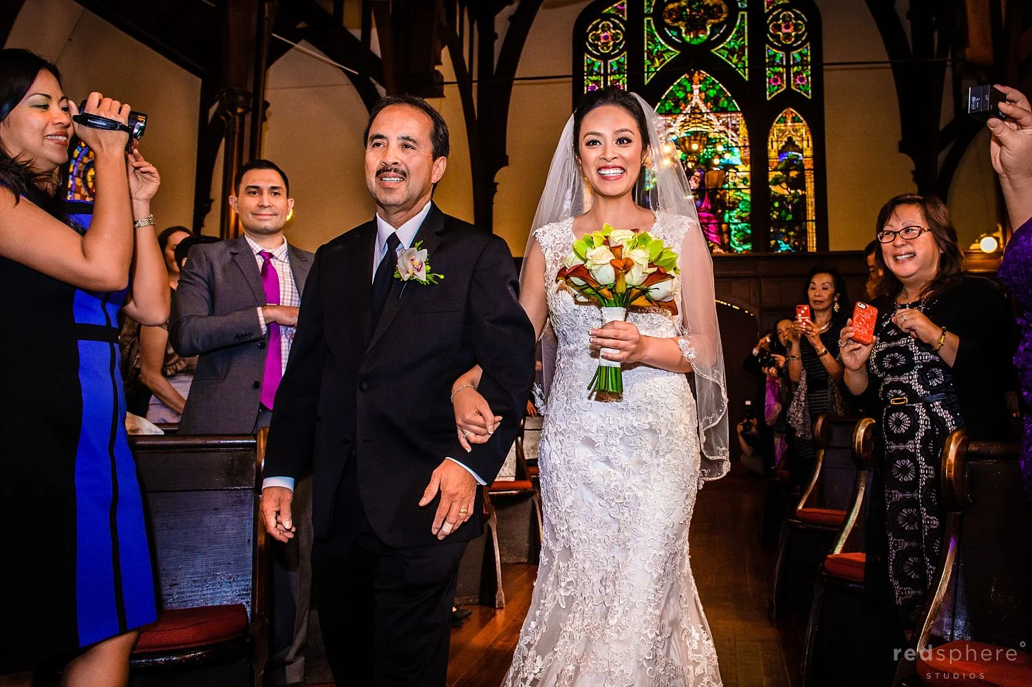 Father of Bride Walking Daughter Down the Aisle, Guests Clap and Record, St. John's Presbyterian Church Wedding