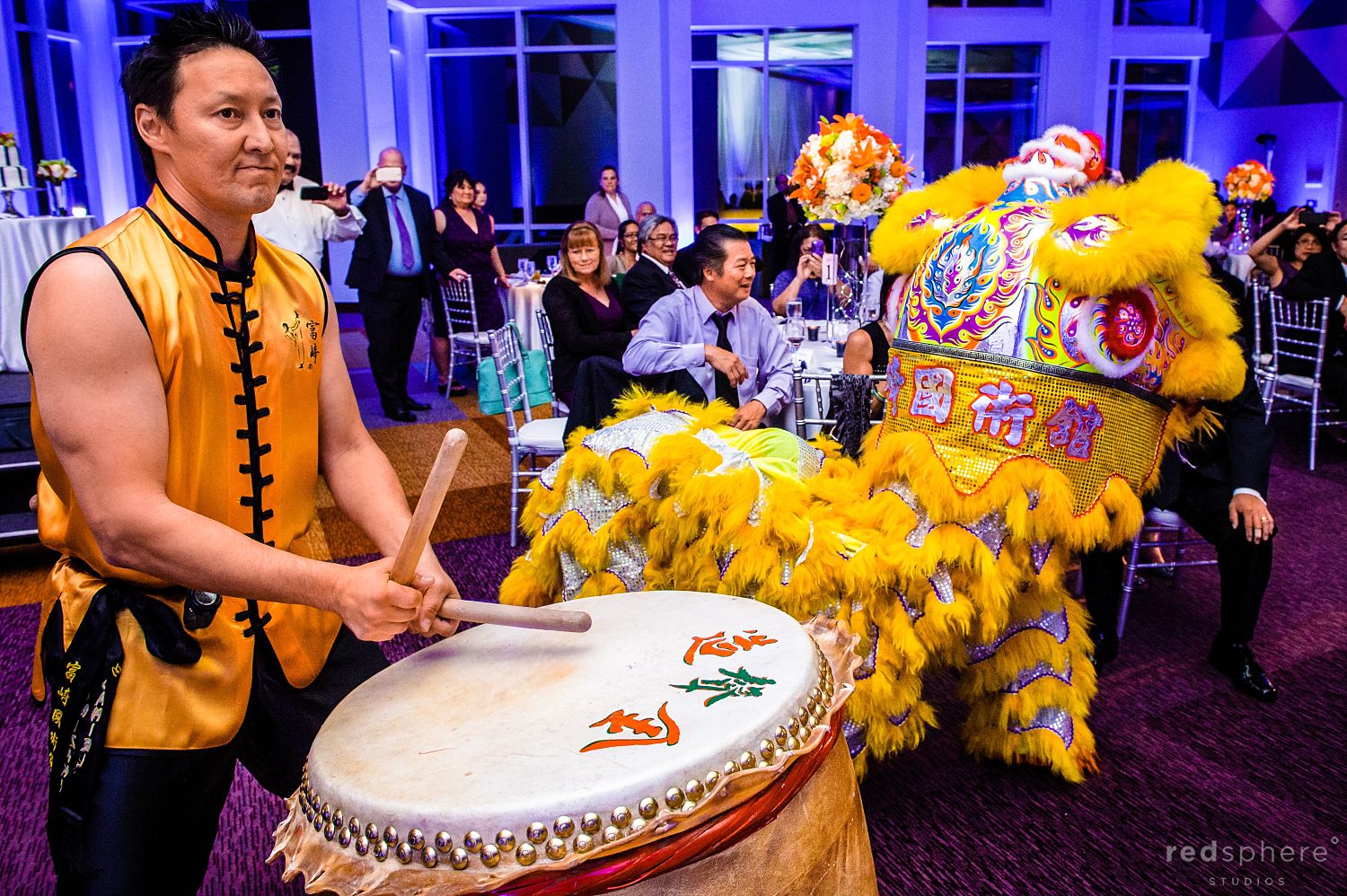 Lion Dance Drummers Perform for the Guests at Wedding Reception