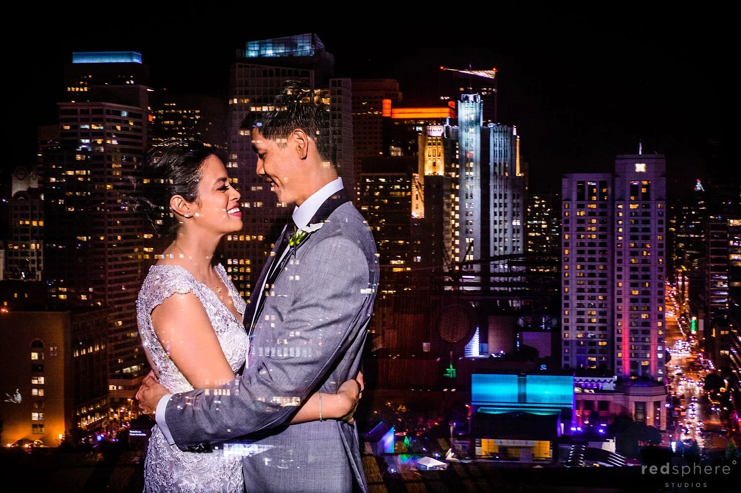 Bride and Groom Gaze Into Each Other's Eyes, Window Reflection at Intercontinental Hotel