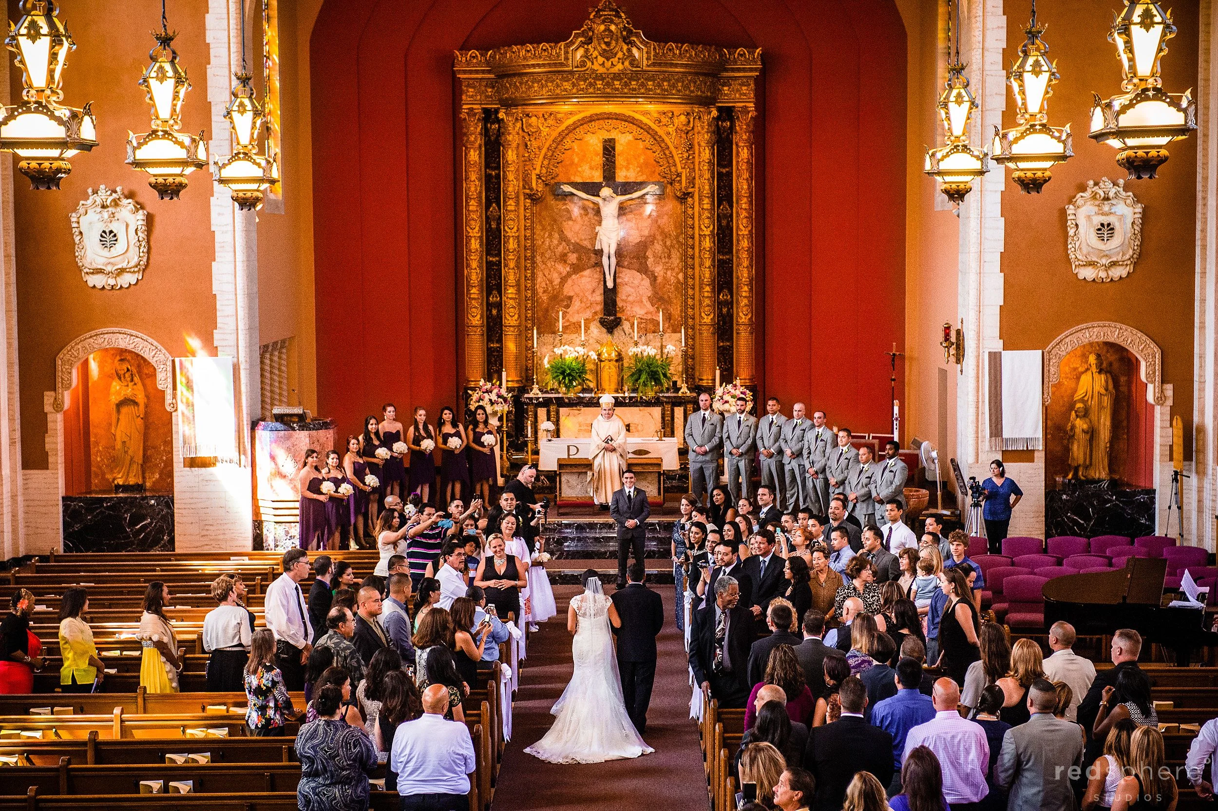 Father and Bride Walking Down the Altar as Guests Stand at St. Gregory Catholic Church