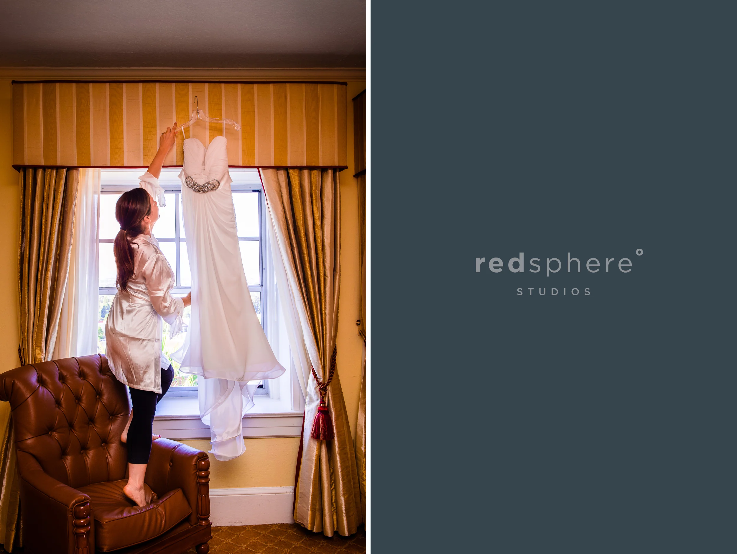 Bride Hanging up her Dress Along the Window
