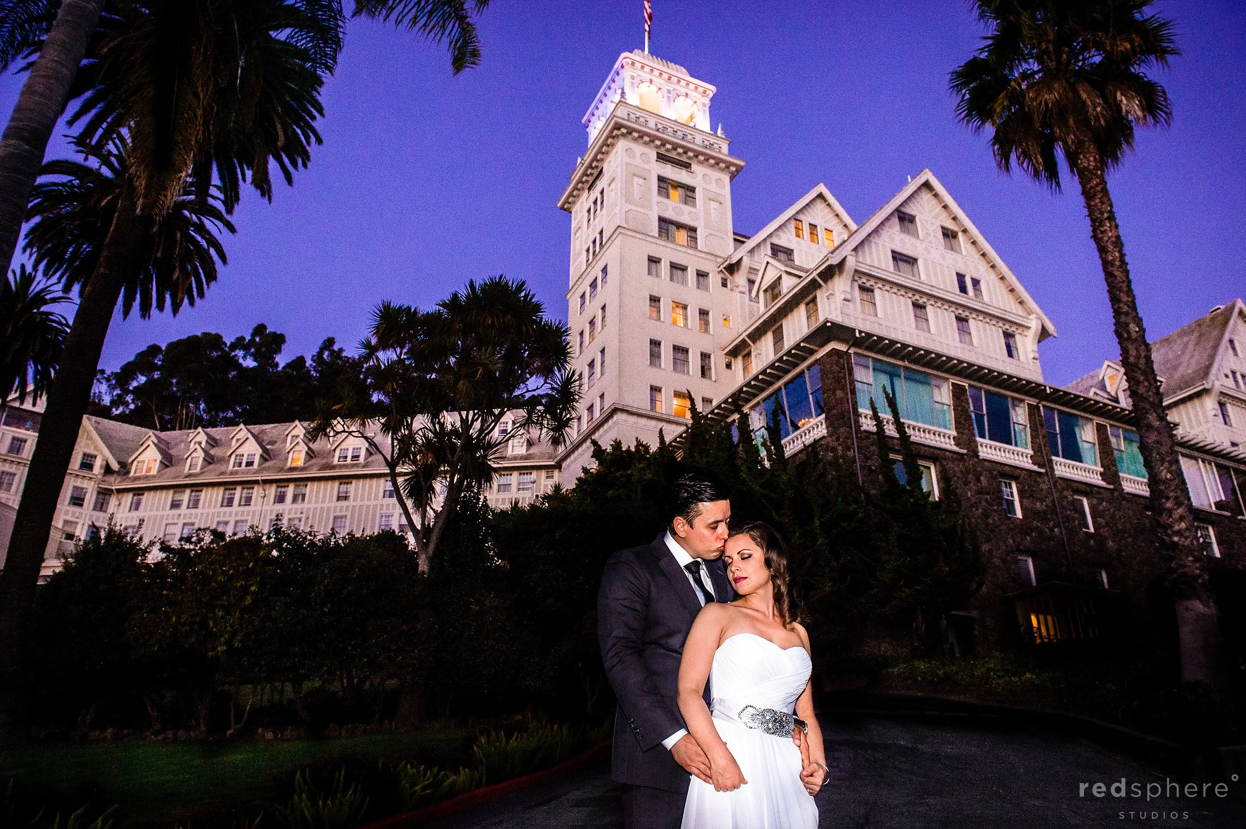 Bride and Groom in Front of Claremont Hotel Club & Spa