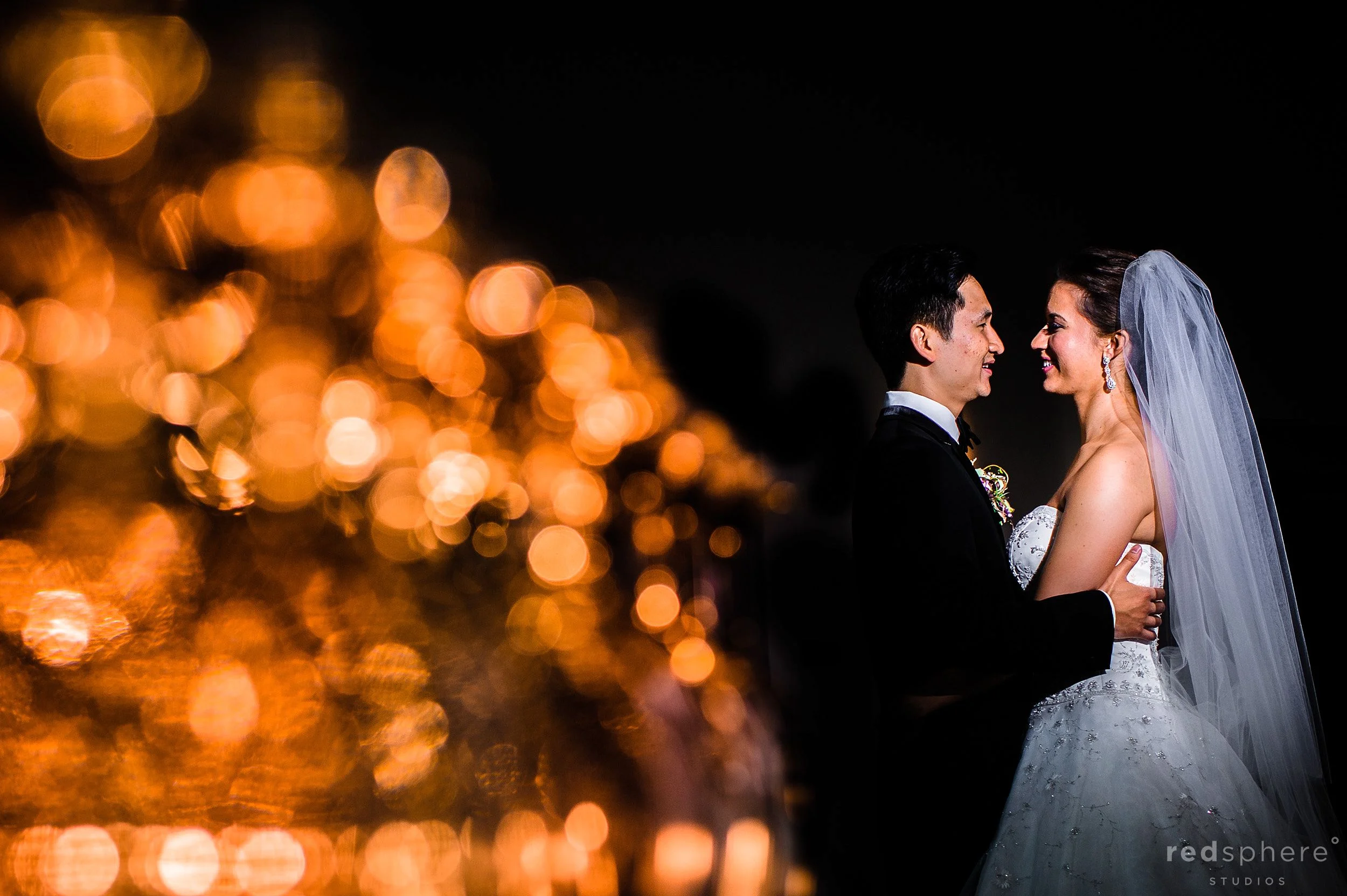 Bride and Groom Wedding Pictures Session, Orange Bokeh, Black Backdrop