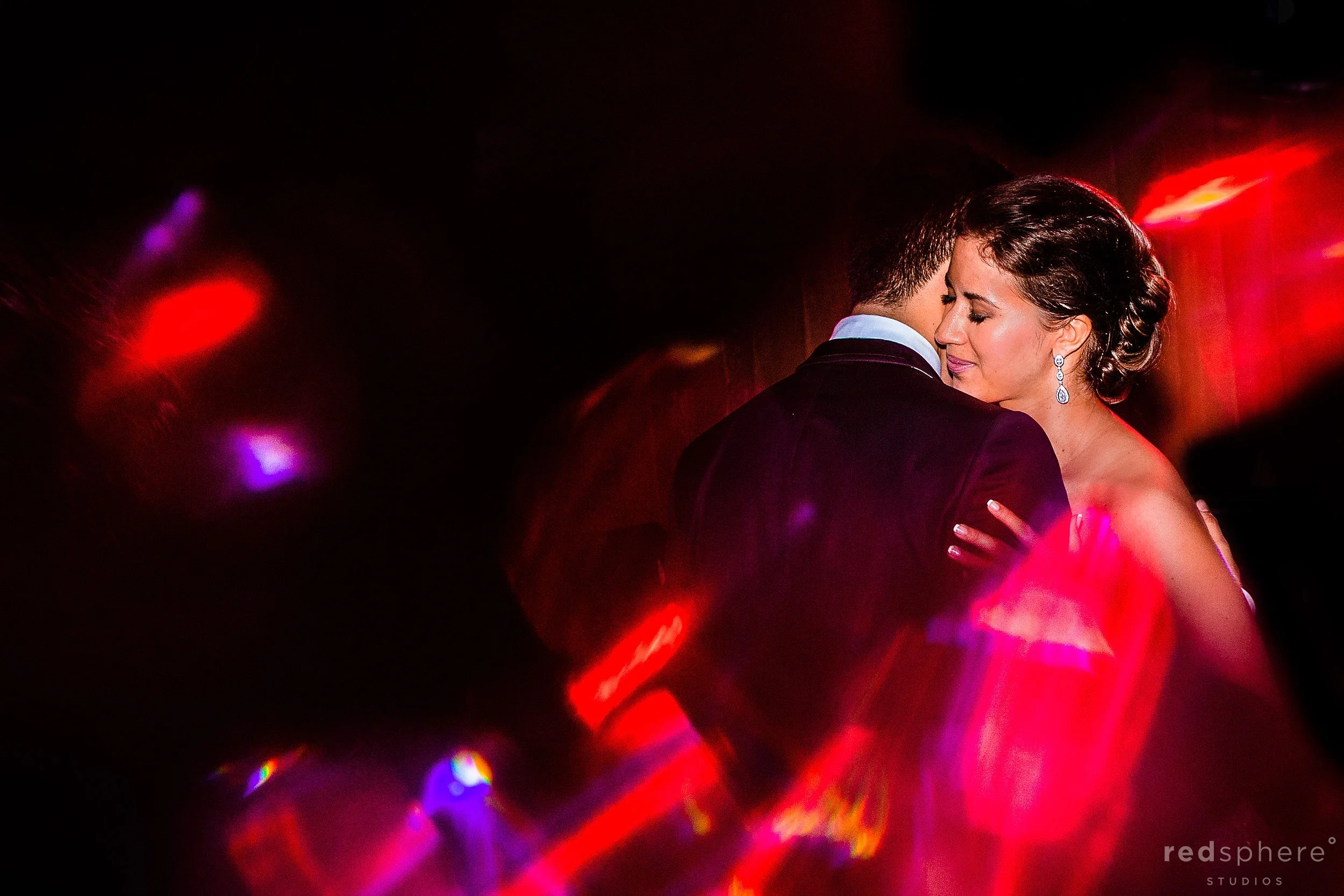 Bride and Groom Closeness, Red Party Light Flares