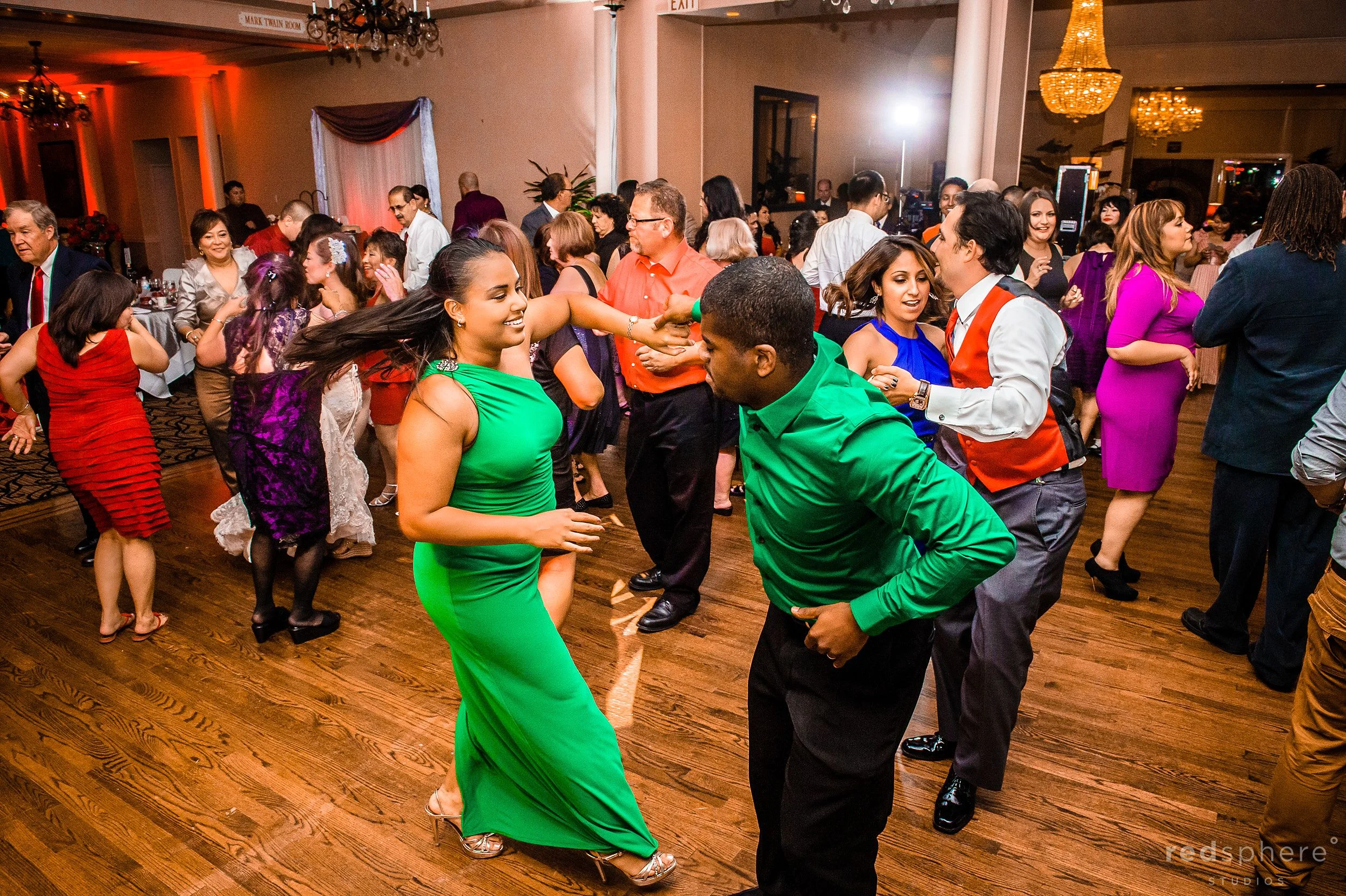 Guests in Green Dancing On The Dance Floor at Crow Canyon Country Club, Danville, CA Wedding Reception