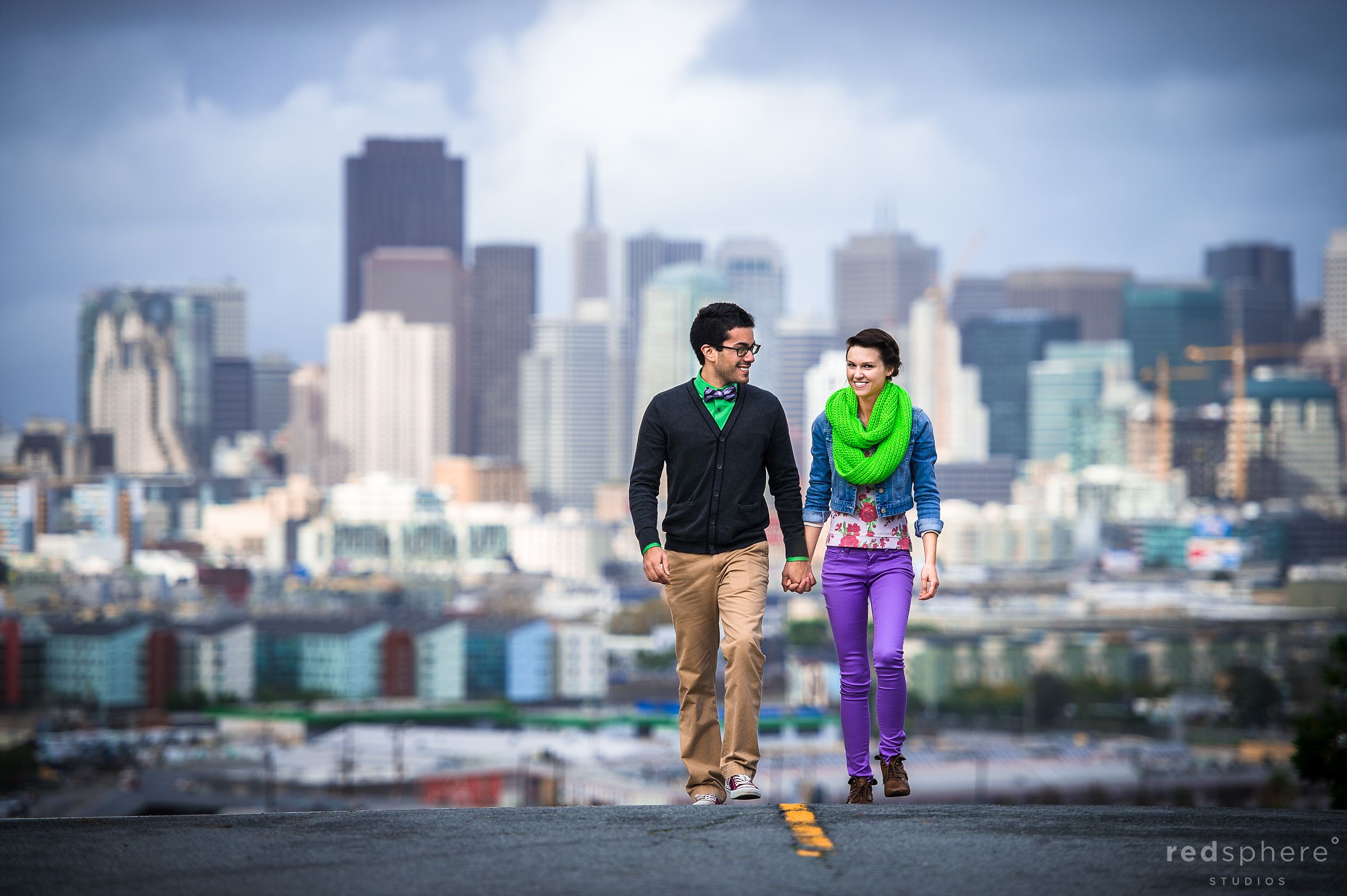 Vibrantly Clothed Couple on top of Potrero Hill, San Francisco Engagement