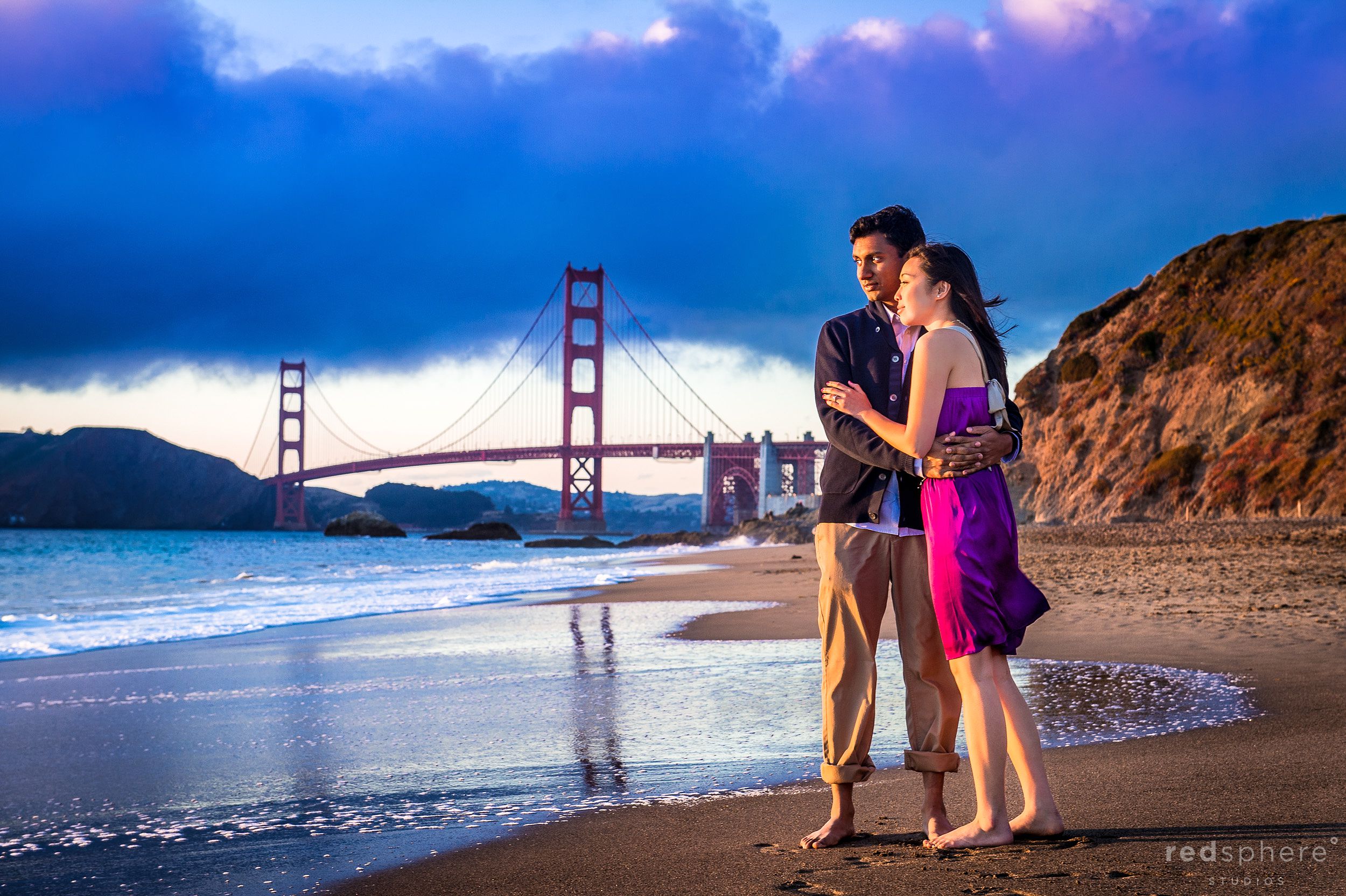 Couple Watch Sunset at Baker Beach, Golden Hour Engagement Sessions