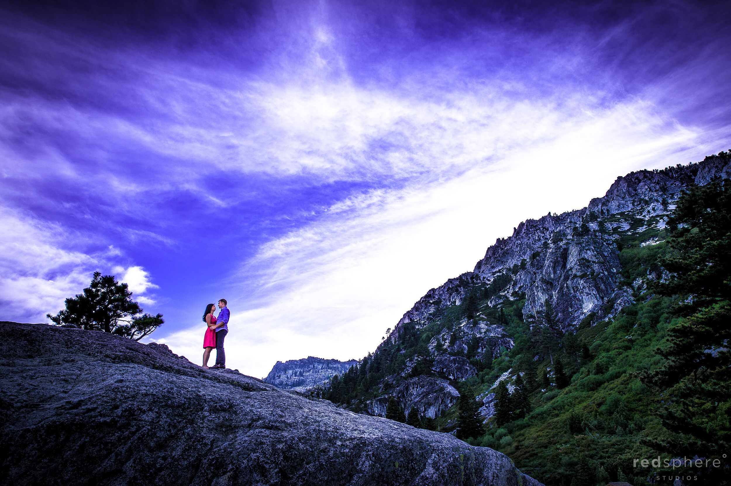 Tiny Couple on Massive Rock, South Lake Tahoe Engagement, Purple Skies