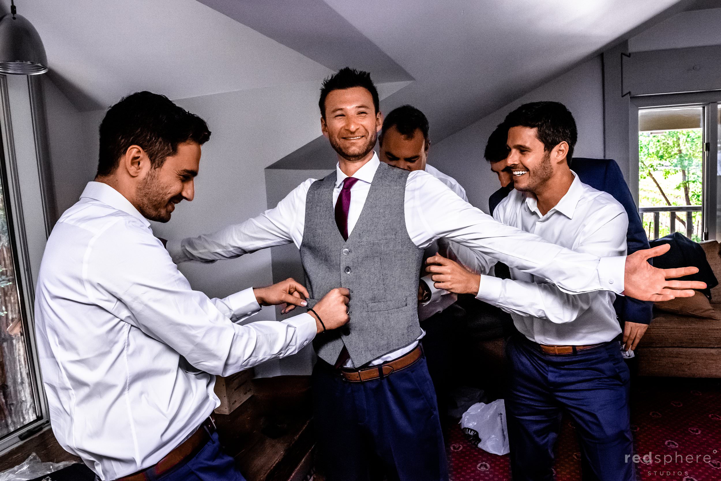 Groom and groomsmen getting ready at Harvest Inn By Charlie Palmer, St. Helena, Napa Valley