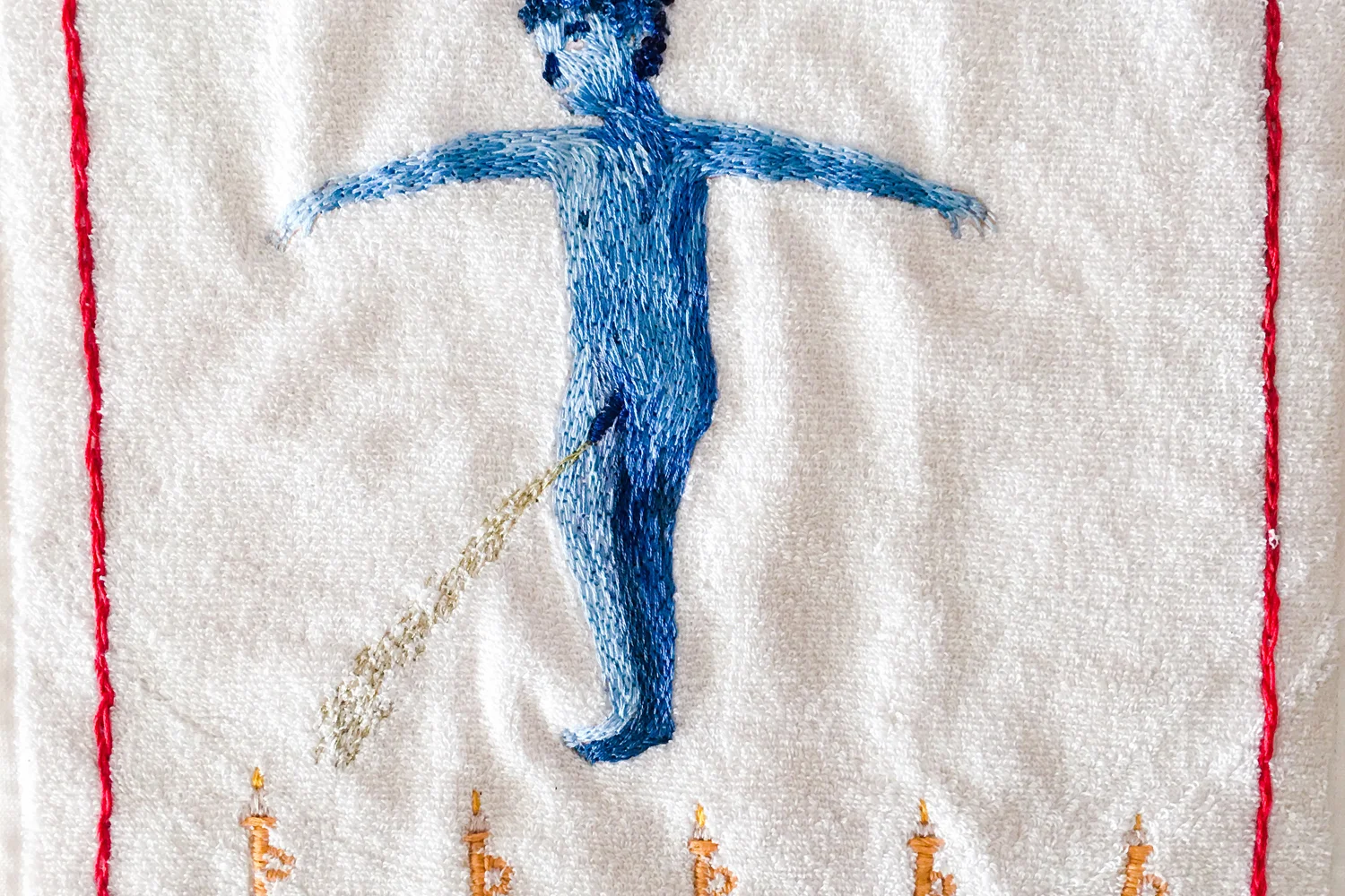  Aaron Billings,  Pissing , 2017, detail, cotton towel and hand-embroidered thread. Courtesy the artist. 
