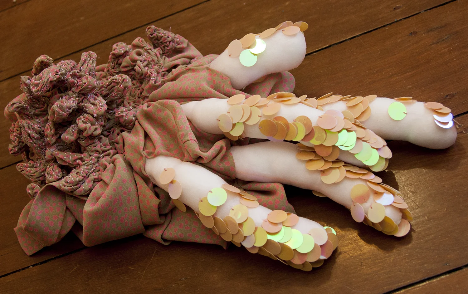  Kimberley Pace and Jess Tan,&nbsp; Untitled , 2017, Found shirt, nylon stocking, wadding, sequins, thread, dimensions variable. Image courtesy of the artists. 