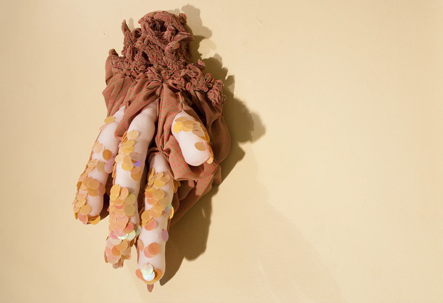  Kimberley Pace and Jess Tan,&nbsp; Untitled , 2017, Found shirt, nylon stocking, wadding, sequins, thread, dimensions variable. Image courtesy of the artist.&nbsp; 