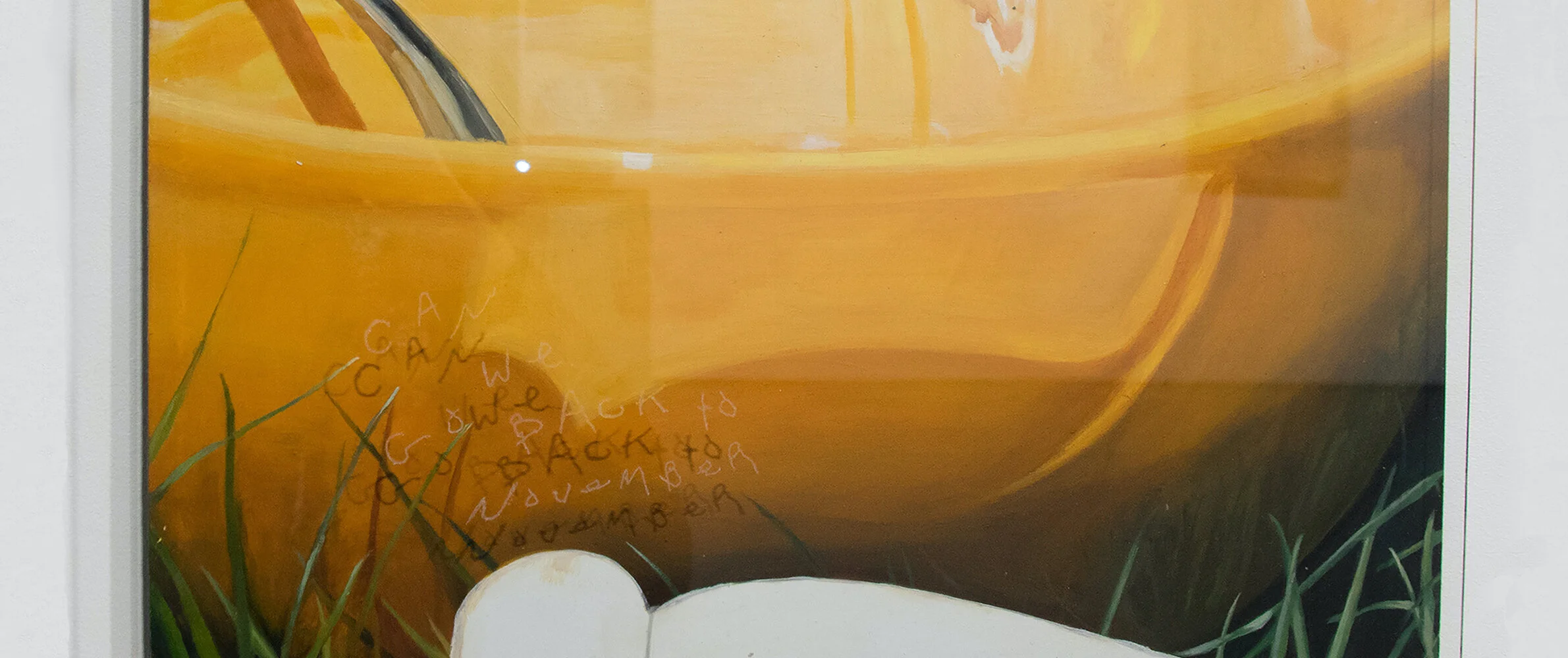                  HeeJoon Youn,  breakfast for two  (cropped) ,  2019, Oil on panel and engravings on glass, 30 x 30cm  | Courtesy the artist  