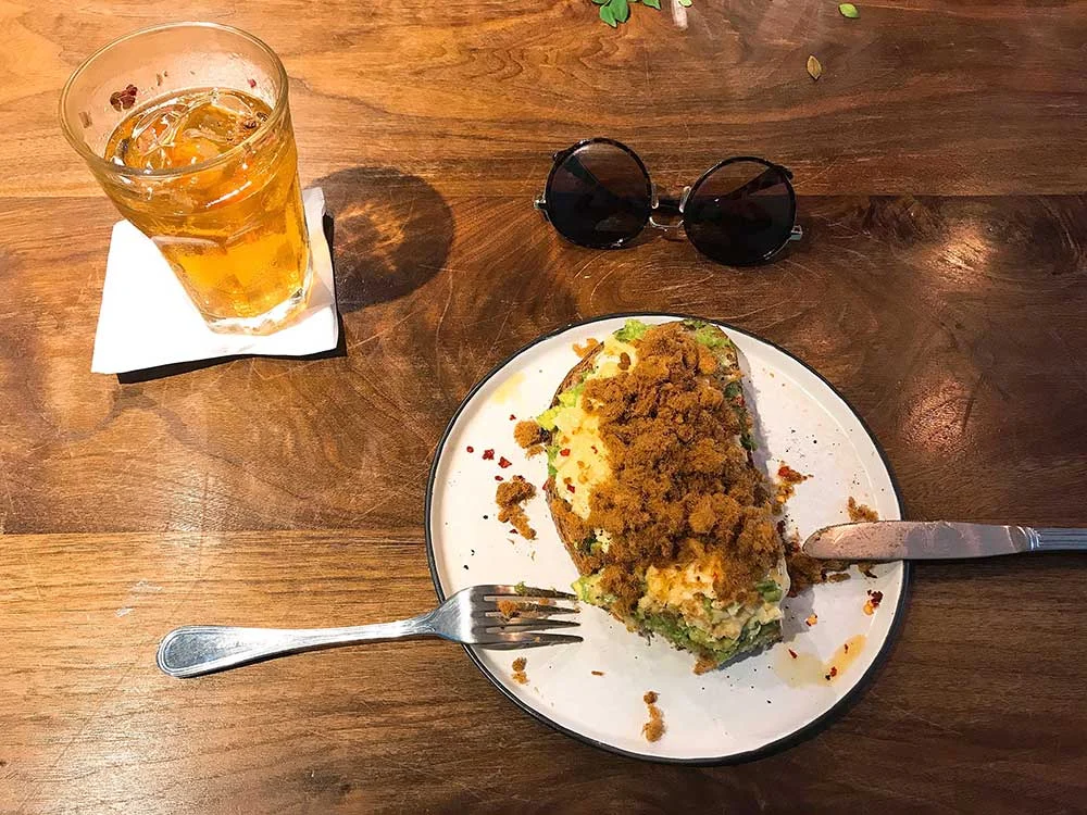 Avocado Toast w. Pork Floss and Scrambled Eggs + Iced House Keemun Tea With Iranian Rose